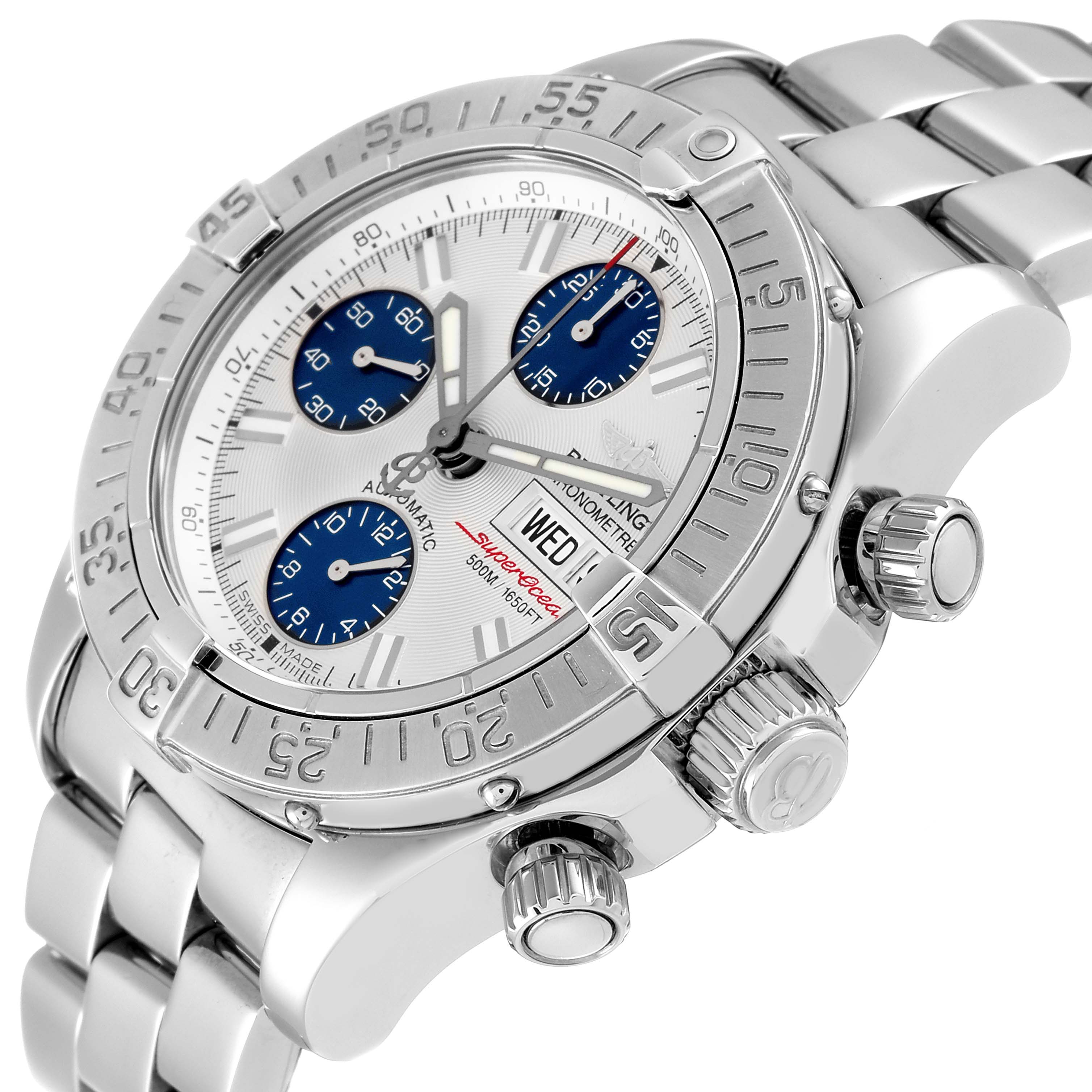 The Breitling Superocean A13340 Men's Stainless Steel Silver Dial A13340 Men's Stainless Steel Silver Dial watch is shown from an angled side view, highlighting its bezel, crown, pushers, and stainless steel bracelet.