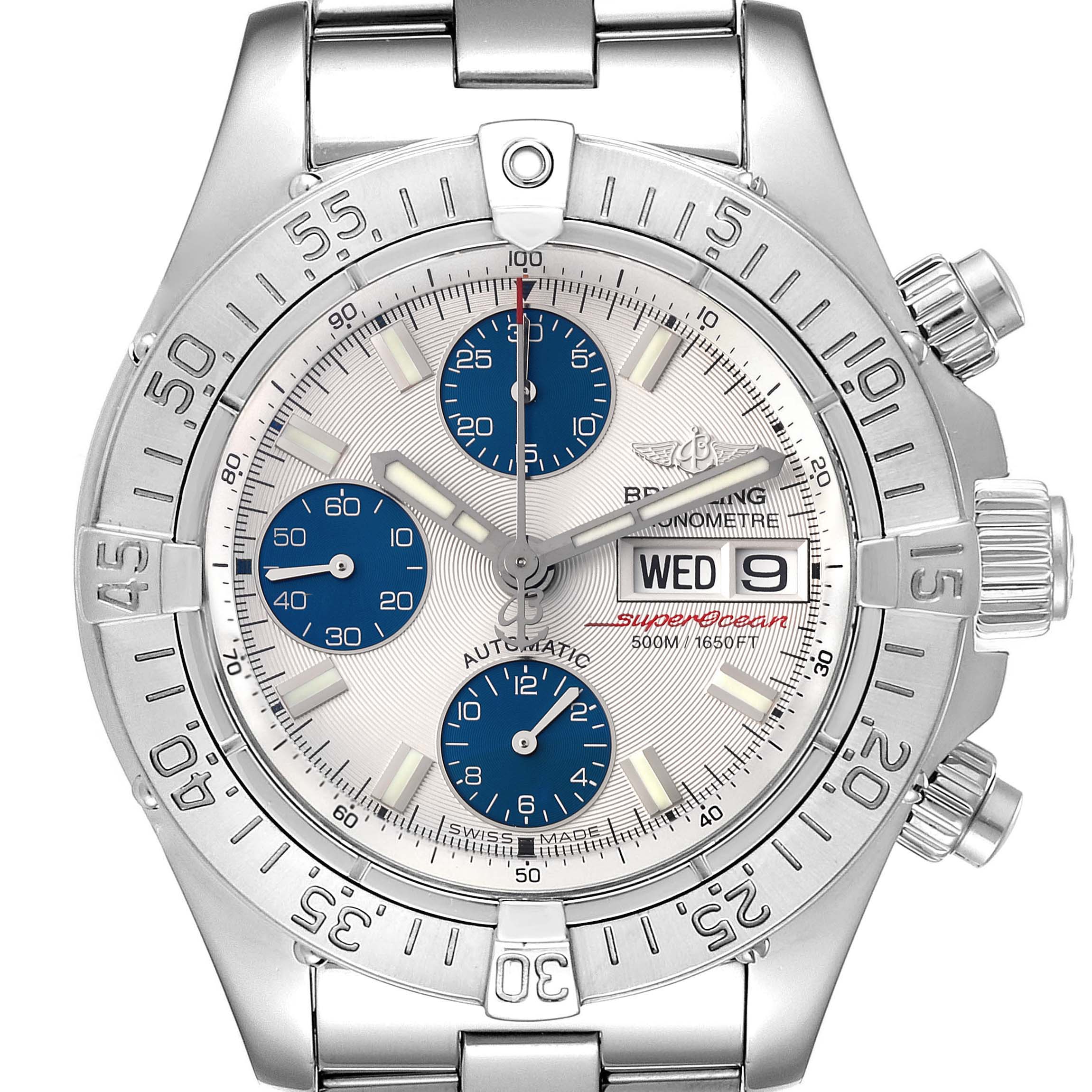 This image shows a front view of the Breitling Superocean A13340 Men's Stainless Steel Silver Dial A13340 Men's Stainless Steel Silver Dial watch, highlighting its dial, bezel, and pushers.