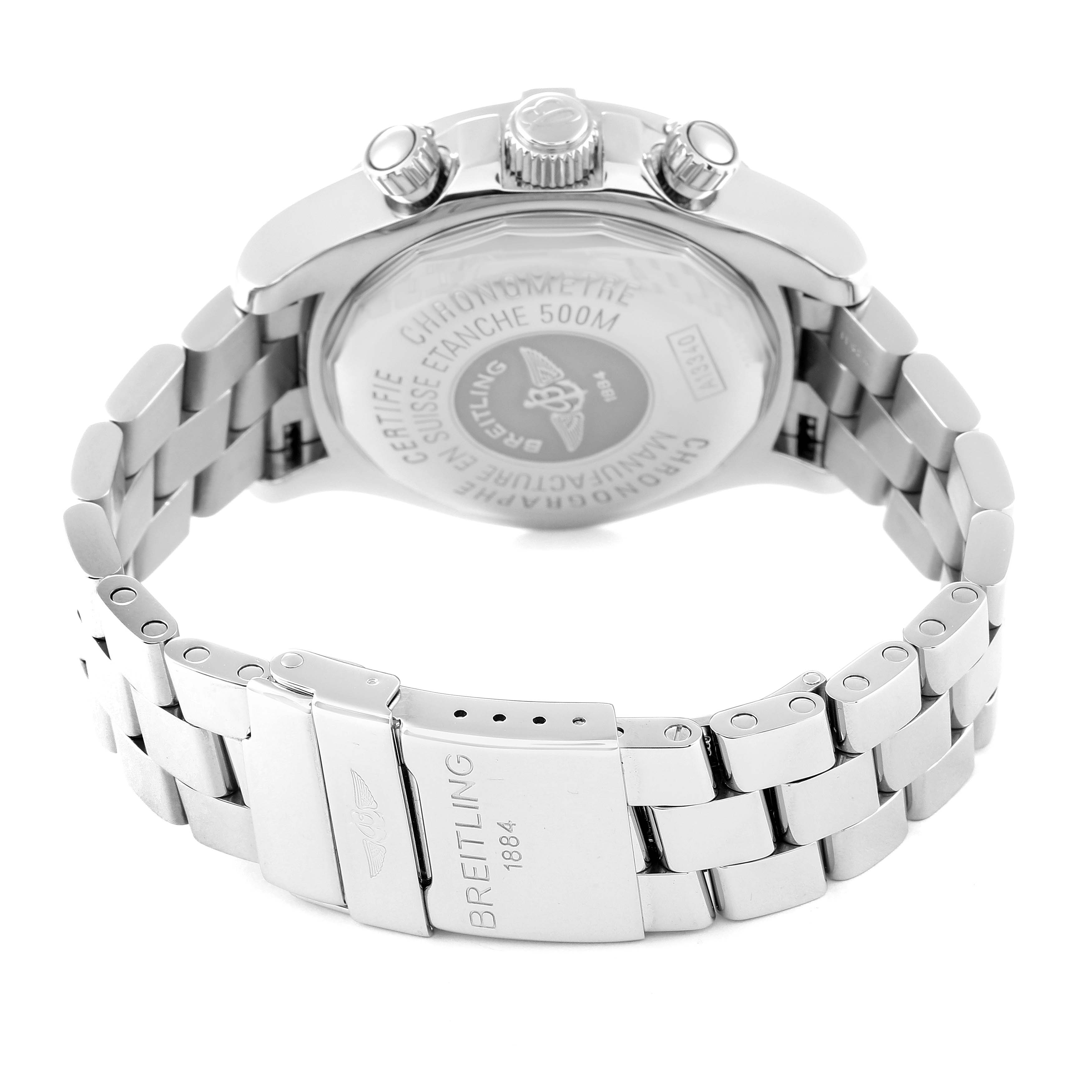 This image shows the back case, crown, pushers, and metal bracelet of the Breitling Superocean A13340 Men's Stainless Steel Silver Dial A13340 Men's Stainless Steel Silver Dial watch.