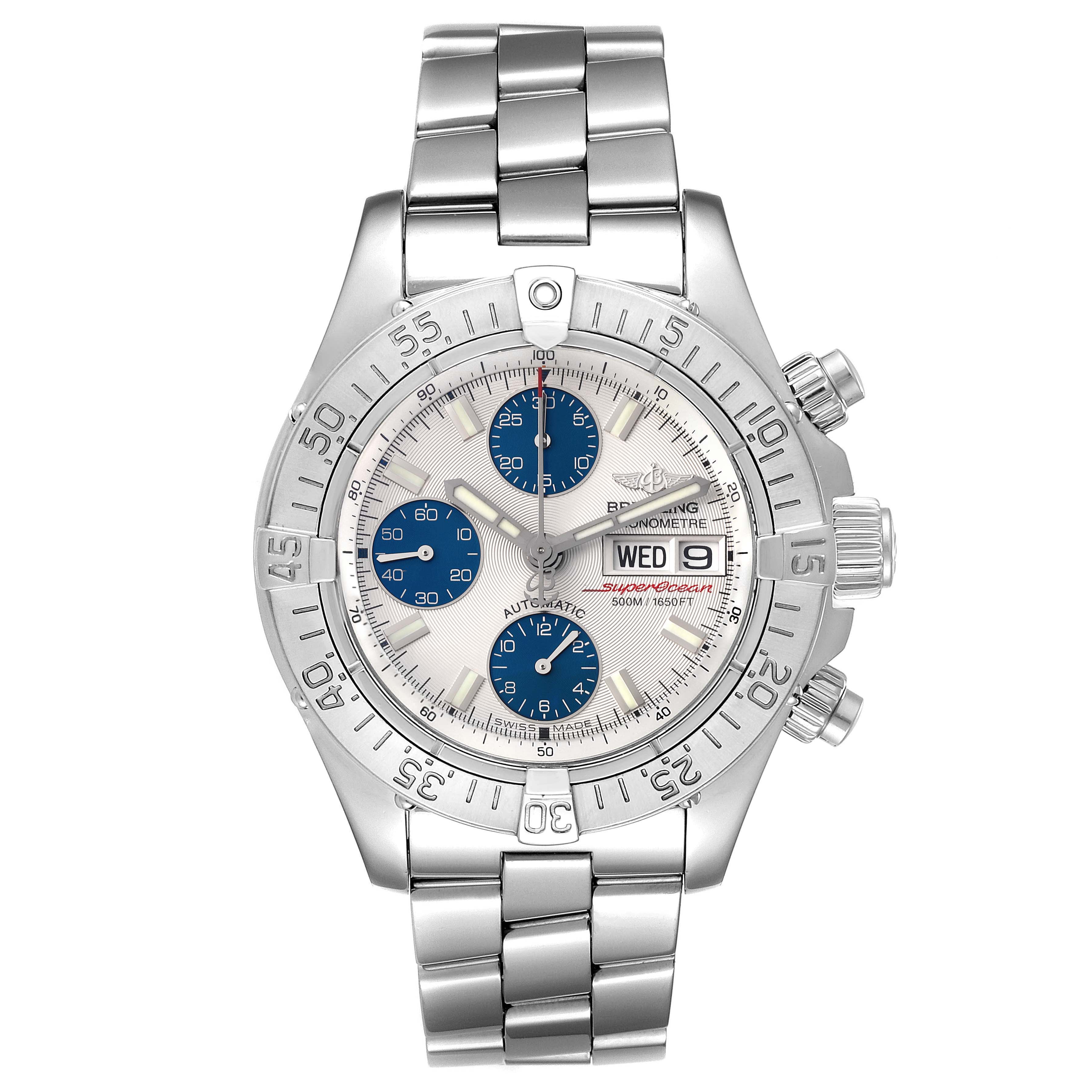 The image shows a front view of a Breitling Superocean A13340 Men's Stainless Steel Silver Dial A13340 Men's Stainless Steel Silver Dial watch, displaying its dial, bezel, and stainless steel bracelet.