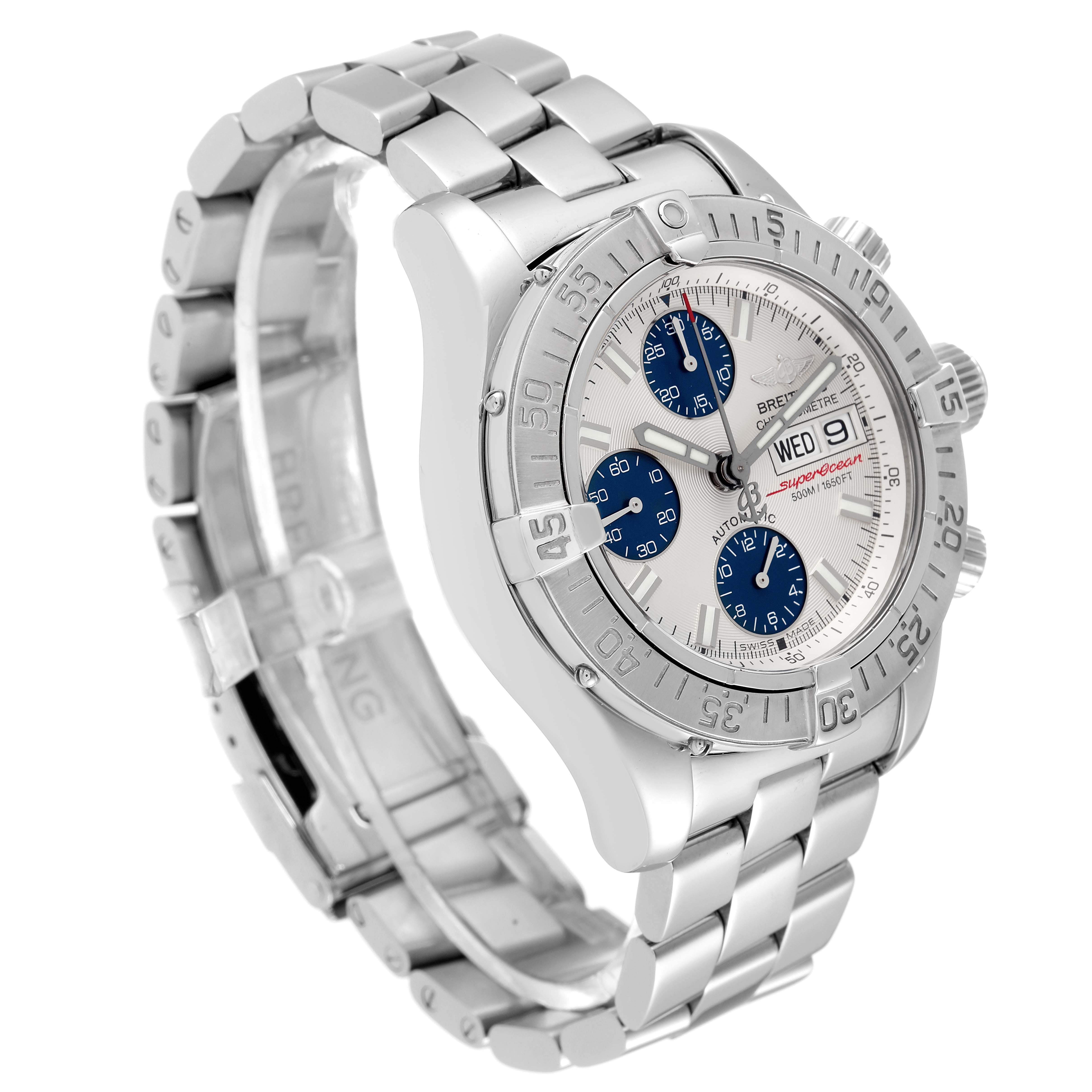 The Breitling Superocean A13340 Men's Stainless Steel Silver Dial A13340 Men's Stainless Steel Silver Dial watch is shown at a three-quarter angle, displaying the dial, bezel, and metal bracelet.