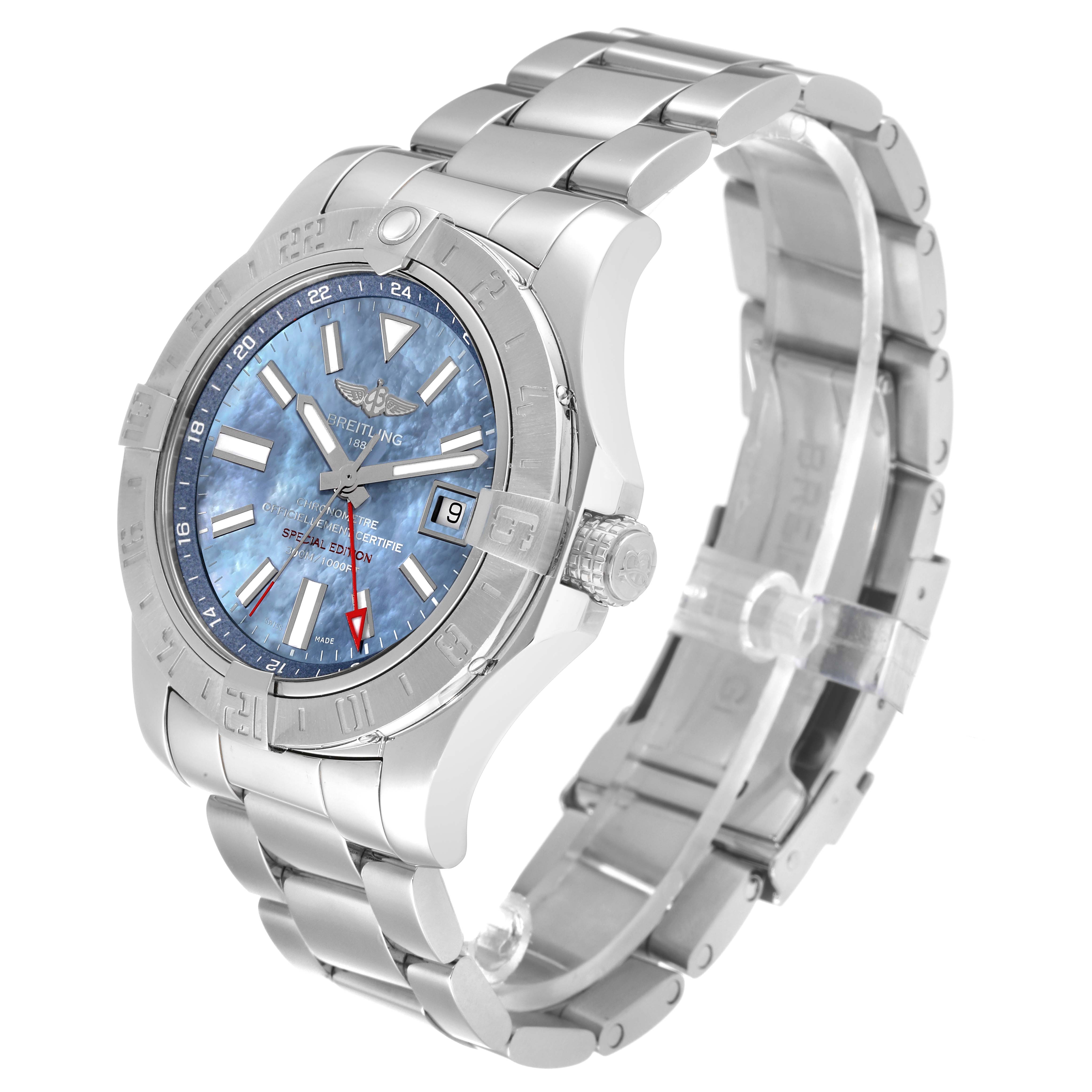 This image shows a side angle view of the Breitling Avenger A3239011/C930 Men's Stainless Steel Mother of Pearl Dial A3239011/C930 Men's Stainless Steel Mother of Pearl Dial watch, highlighting its bezel, dial, bracelet, and crown.