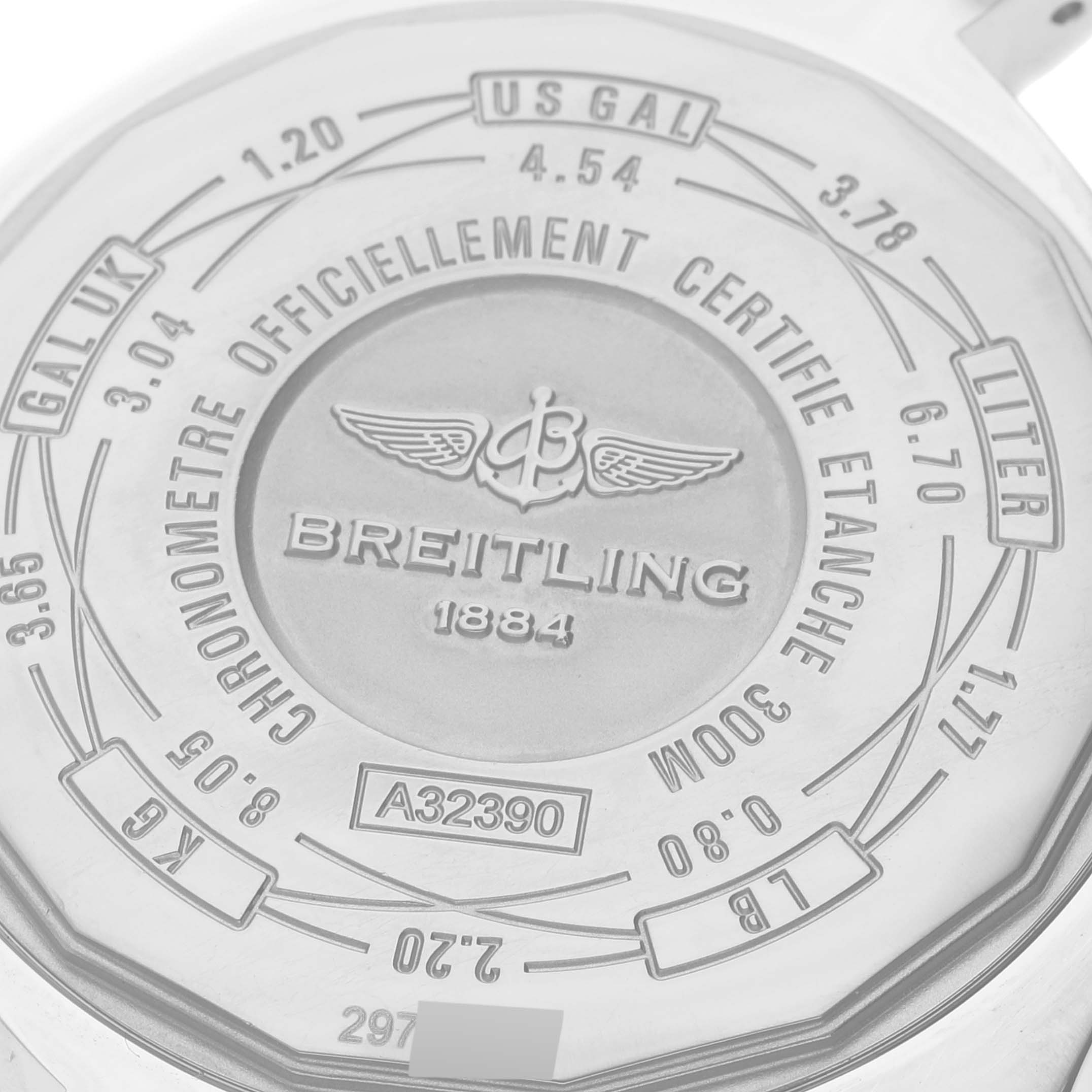 The image shows the case back of a Breitling Avenger A3239011/C930 Men's Stainless Steel Mother of Pearl Dial A3239011/C930 Men's Stainless Steel Mother of Pearl Dial watch, featuring engraved details and brand markings.