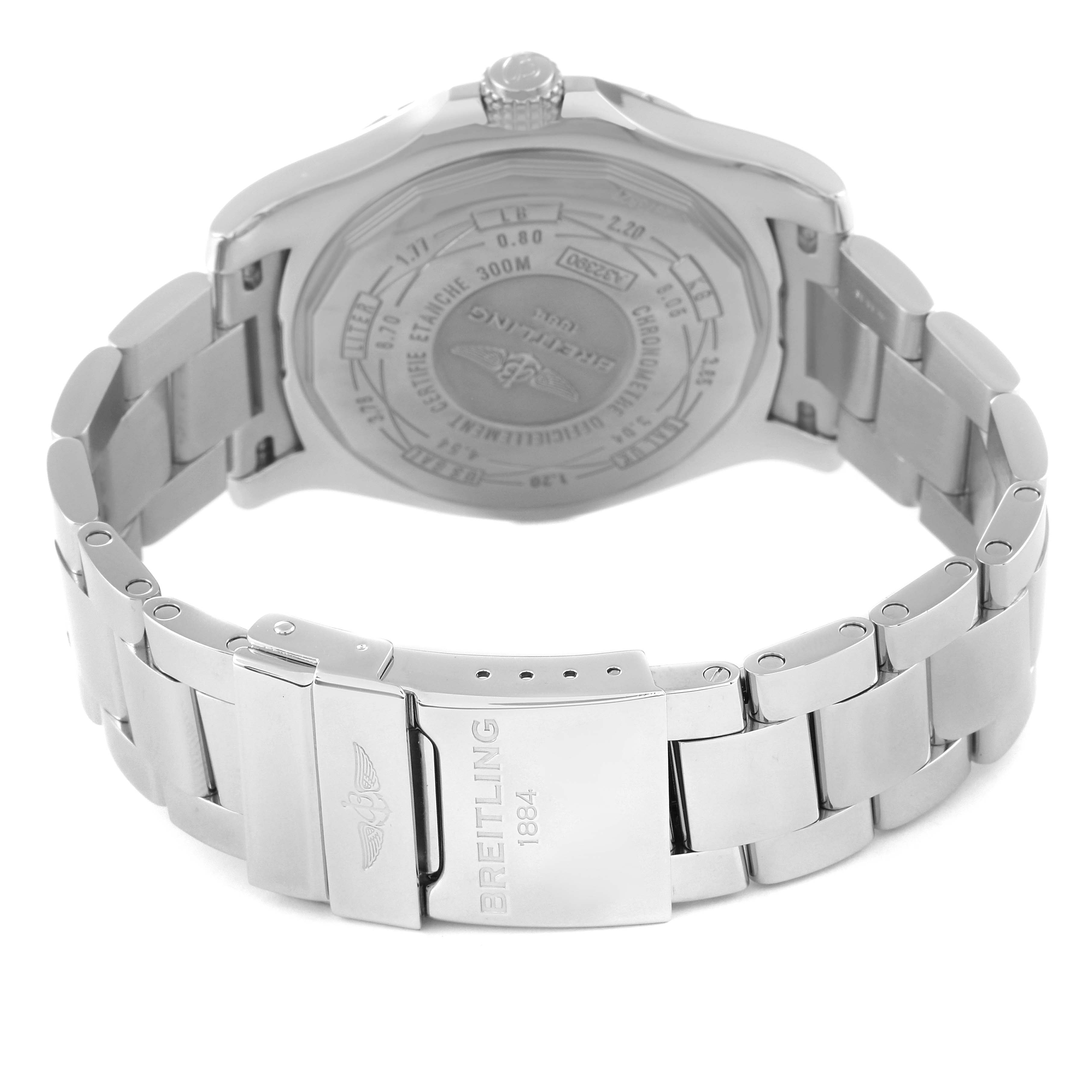 The image shows the back side and bracelet of the Breitling Avenger A3239011/C930 Men's Stainless Steel Mother of Pearl Dial A3239011/C930 Men's Stainless Steel Mother of Pearl Dial watch, highlighting the clasp and case back details.