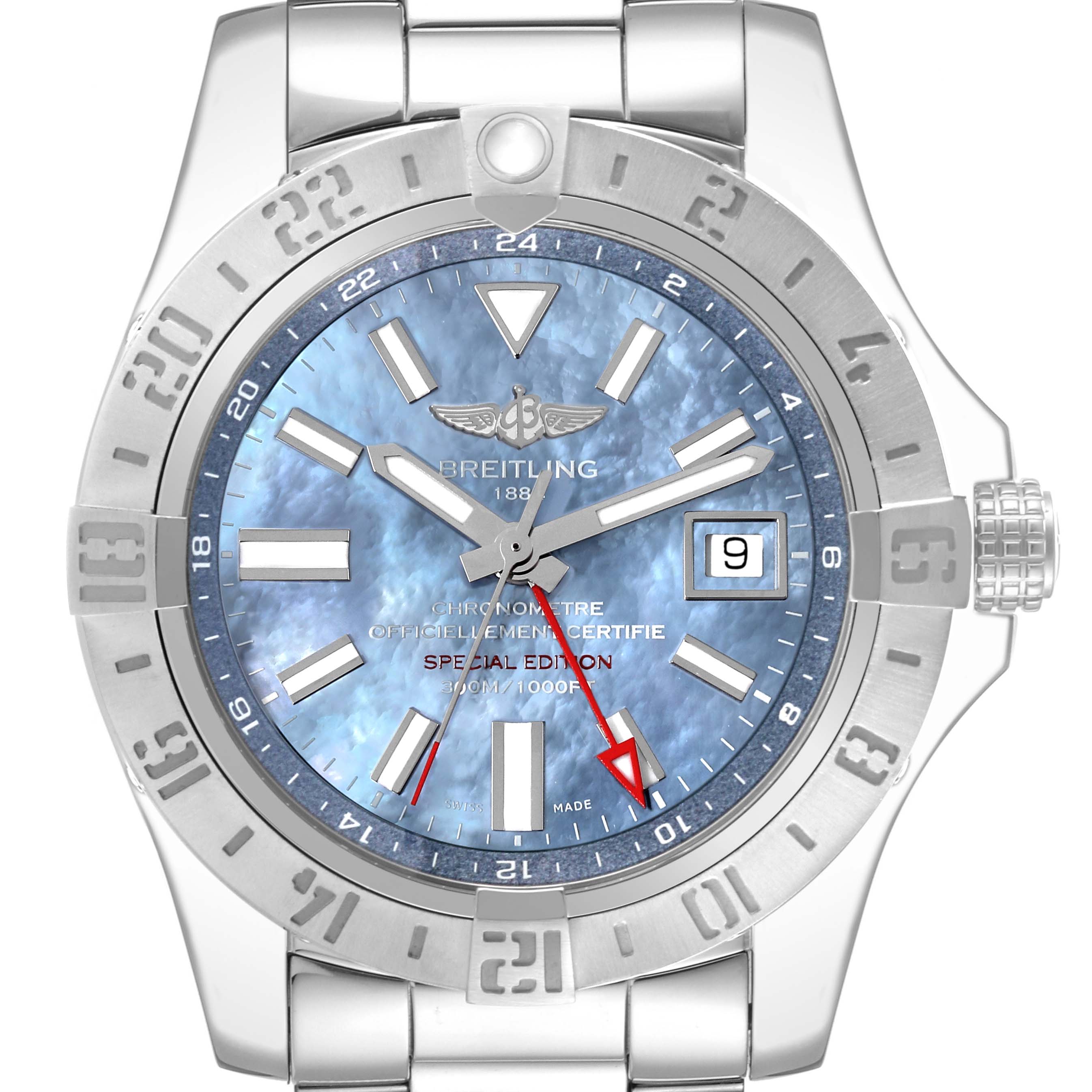 This image showcases the front view of the Breitling Avenger A3239011/C930 Men's Stainless Steel Mother of Pearl Dial A3239011/C930 Men's Stainless Steel Mother of Pearl Dial watch, highlighting its dial, date window, and bezel.