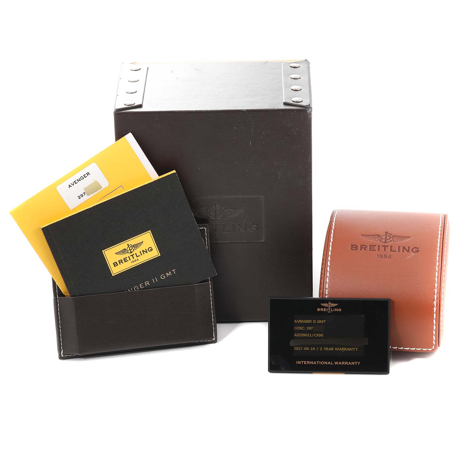 The image shows the packaging, manuals, warranty card, and case for the Breitling Avenger A3239011/C930 Men's Stainless Steel Mother of Pearl Dial A3239011/C930 Men's Stainless Steel Mother of Pearl Dial II GMT watch.