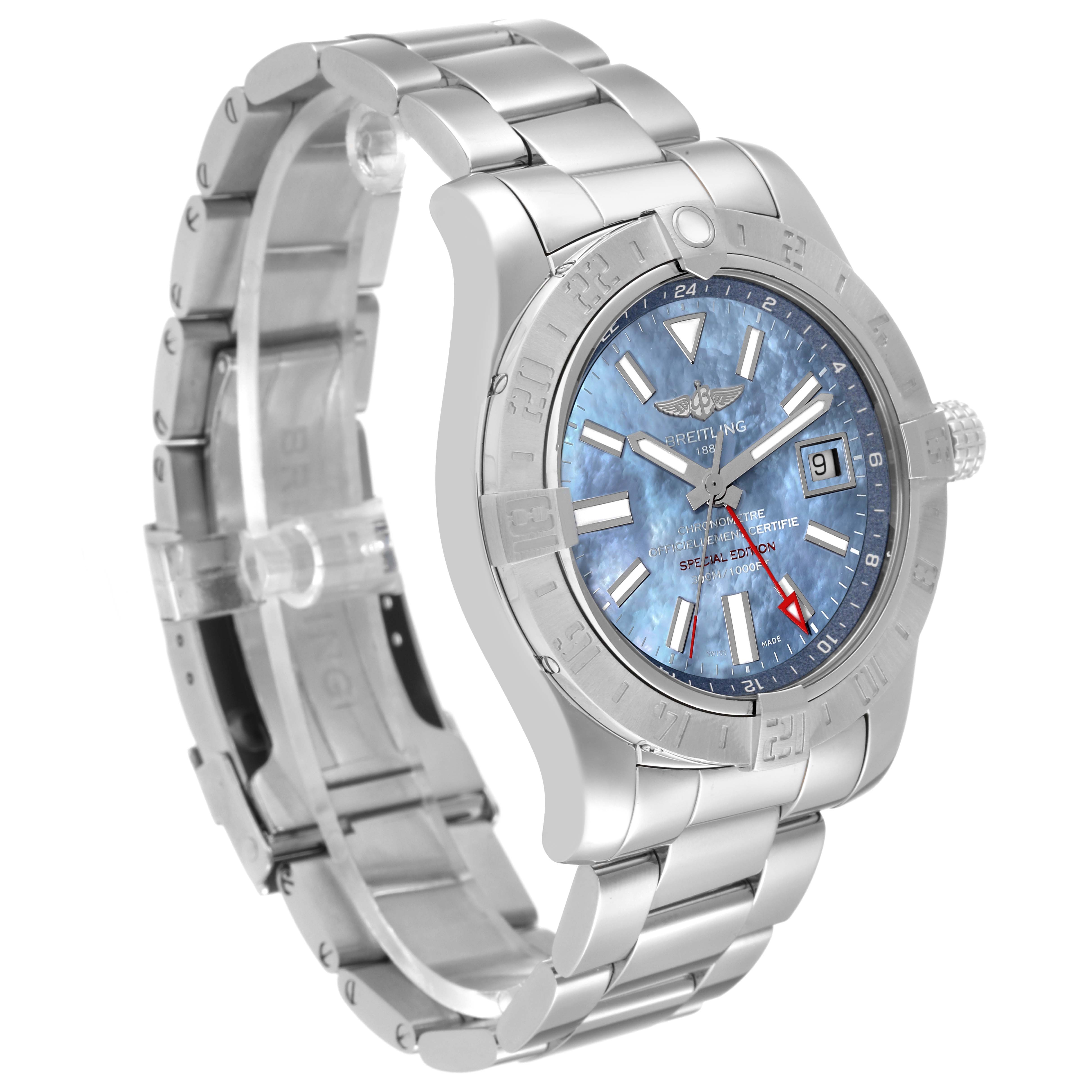 The image shows a side-angle view of a Breitling Avenger A3239011/C930 Men's Stainless Steel Mother of Pearl Dial A3239011/C930 Men's Stainless Steel Mother of Pearl Dial watch, highlighting its bezel, dial, bracelet, and crown.