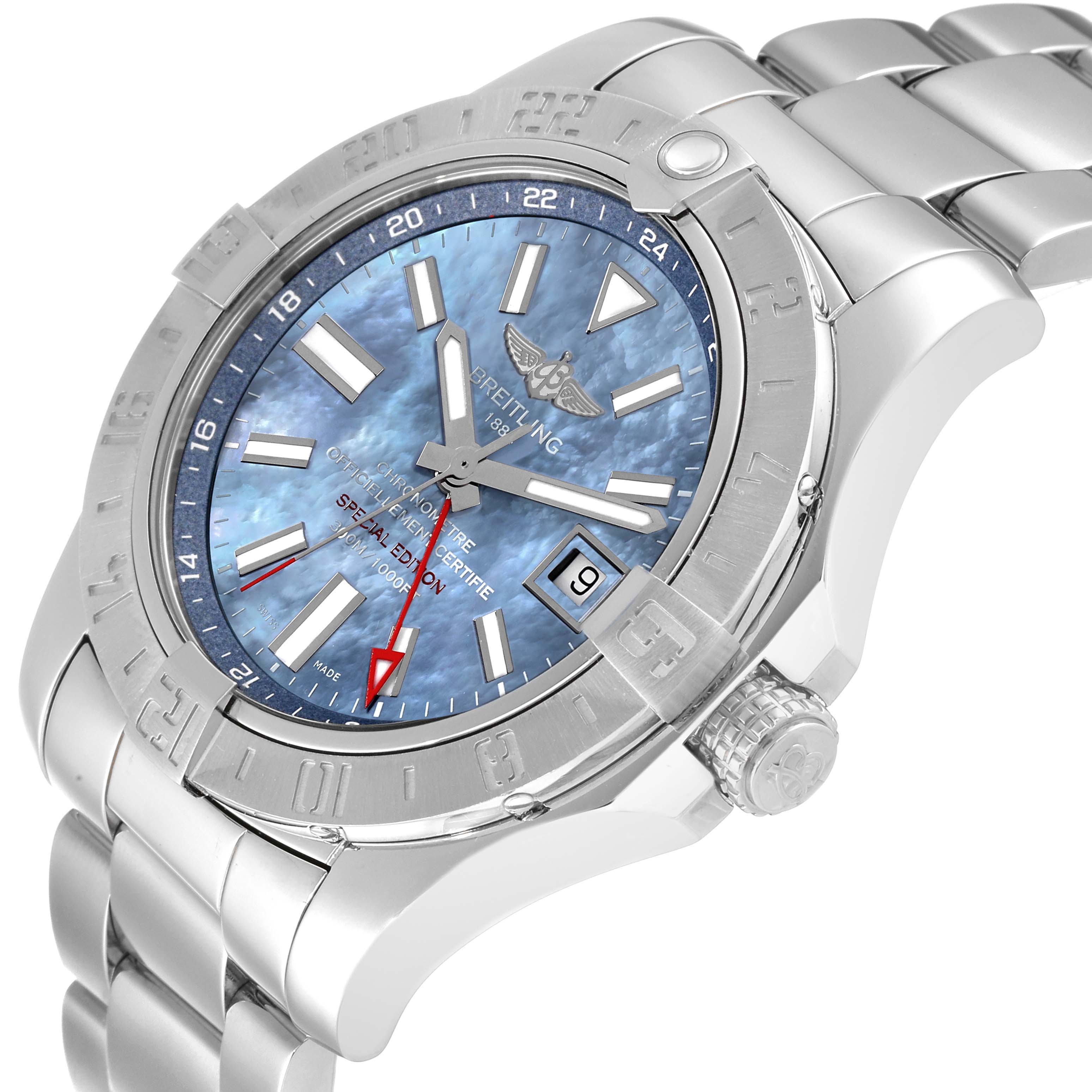 This image shows a close-up of the Breitling Avenger A3239011/C930 Men's Stainless Steel Mother of Pearl Dial A3239011/C930 Men's Stainless Steel Mother of Pearl Dial watch face, bezel, and part of the stainless steel bracelet at an angle.