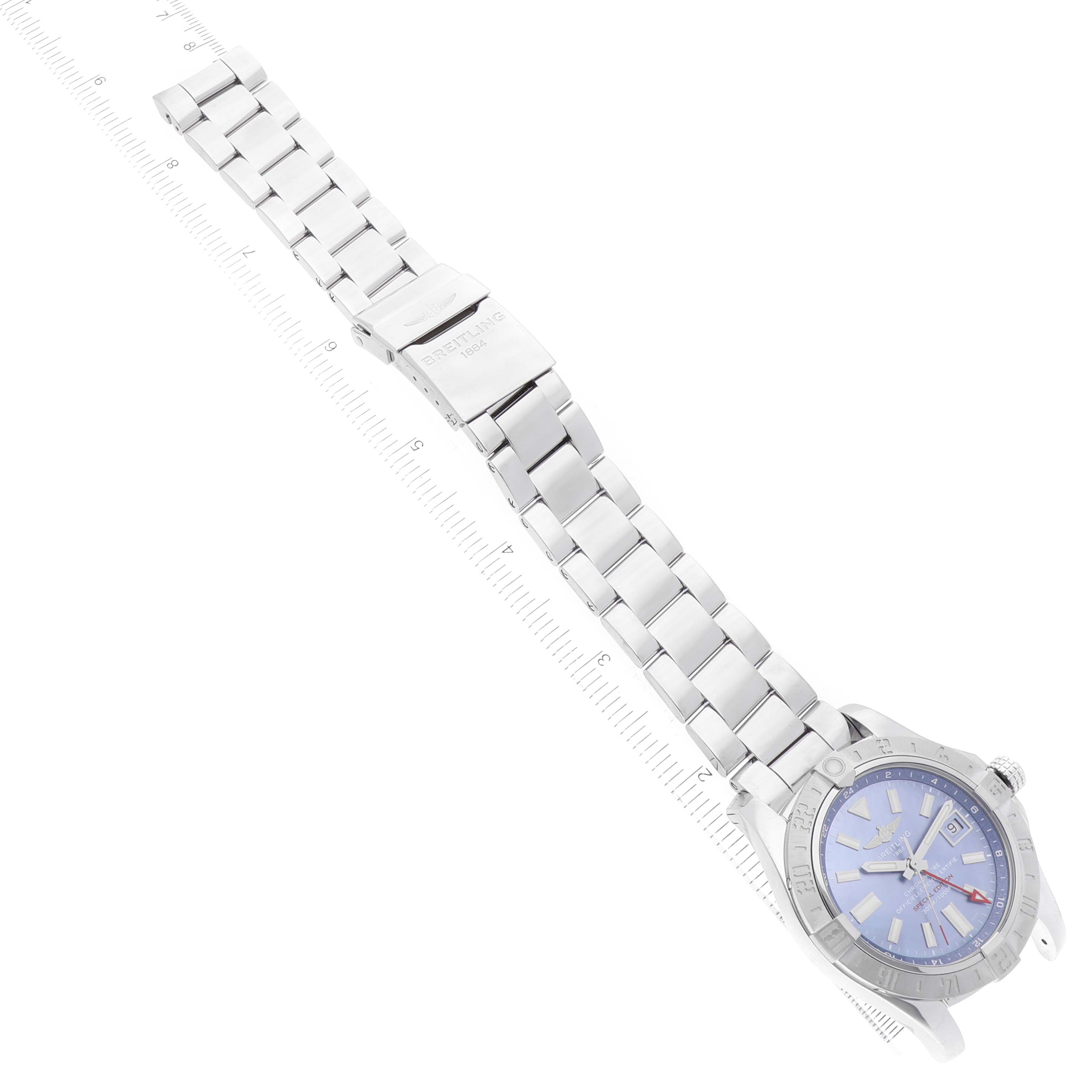 The image shows the Breitling Avenger A3239011/C930 Men's Stainless Steel Mother of Pearl Dial A3239011/C930 Men's Stainless Steel Mother of Pearl Dial watch laid flat, displaying its dial, bezel, and bracelet with clasp.