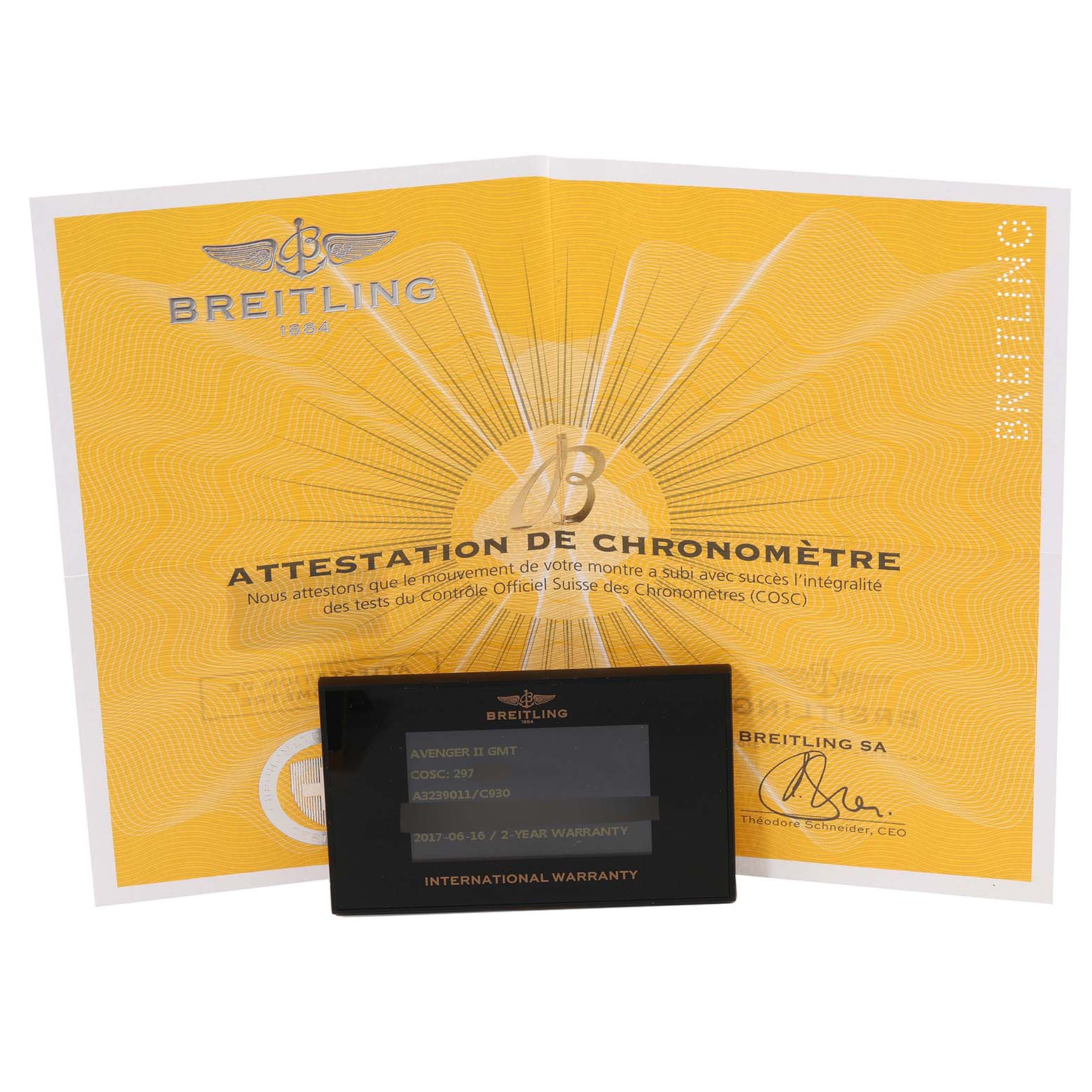 The image shows the Breitling Avenger A3239011/C930 Men's Stainless Steel Mother of Pearl Dial A3239011/C930 Men's Stainless Steel Mother of Pearl Dial model's certification and warranty card displayed at a slight angle.