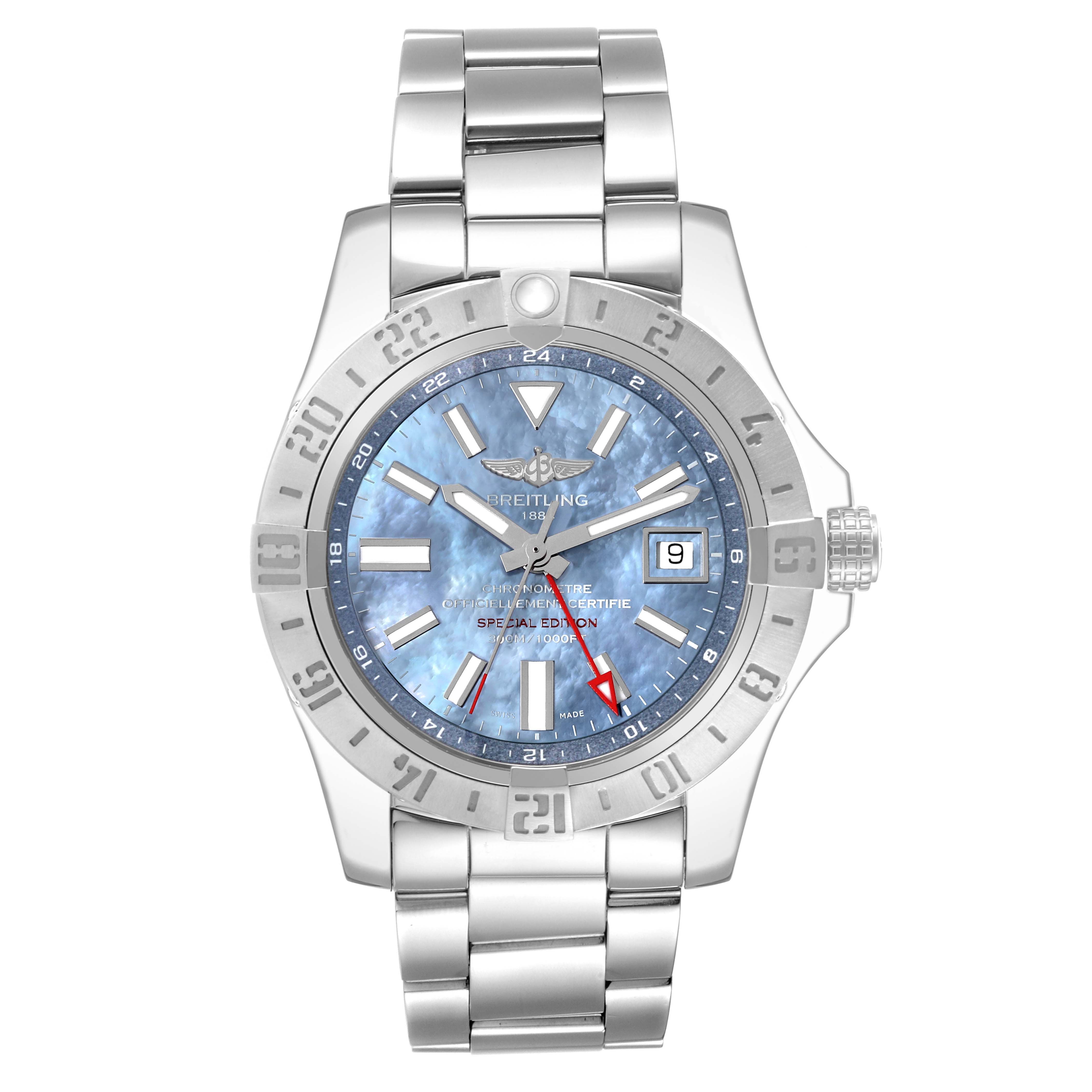 The image shows a Breitling Avenger A3239011/C930 Men's Stainless Steel Mother of Pearl Dial A3239011/C930 Men's Stainless Steel Mother of Pearl Dial watch from a front angle, highlighting the dial, bezel, crown, and bracelet.