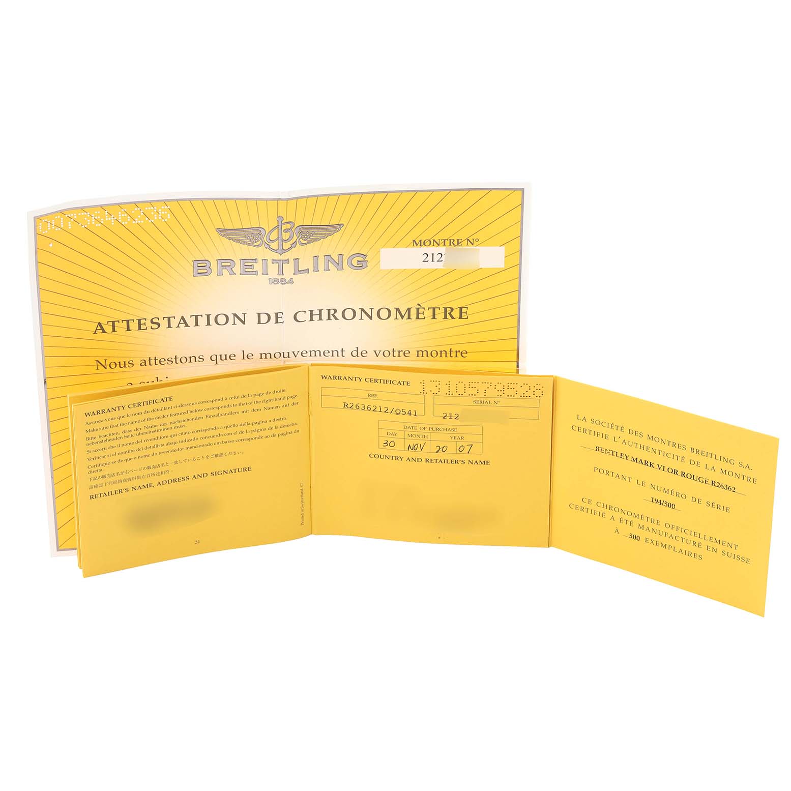 This image shows an open warranty certificate and chronometer certificate for the Bentley model by Breitling.