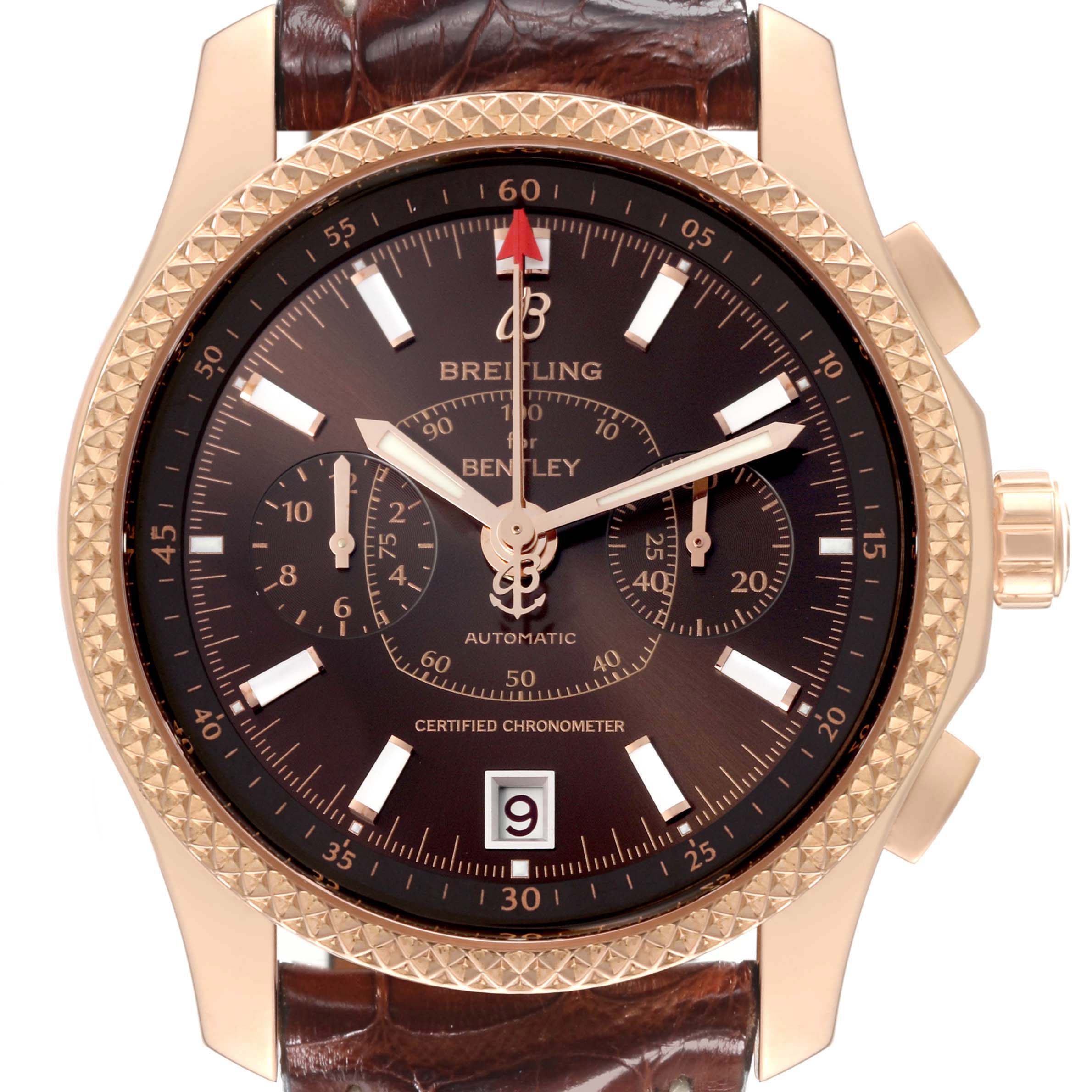 This image shows a front view of the dial and bezel of the Breitling Bentley R2636212/Q541 Men
s Rose Gold Brown Dial R2636212/Q541 Men
s Rose Gold Brown Dial model watch.