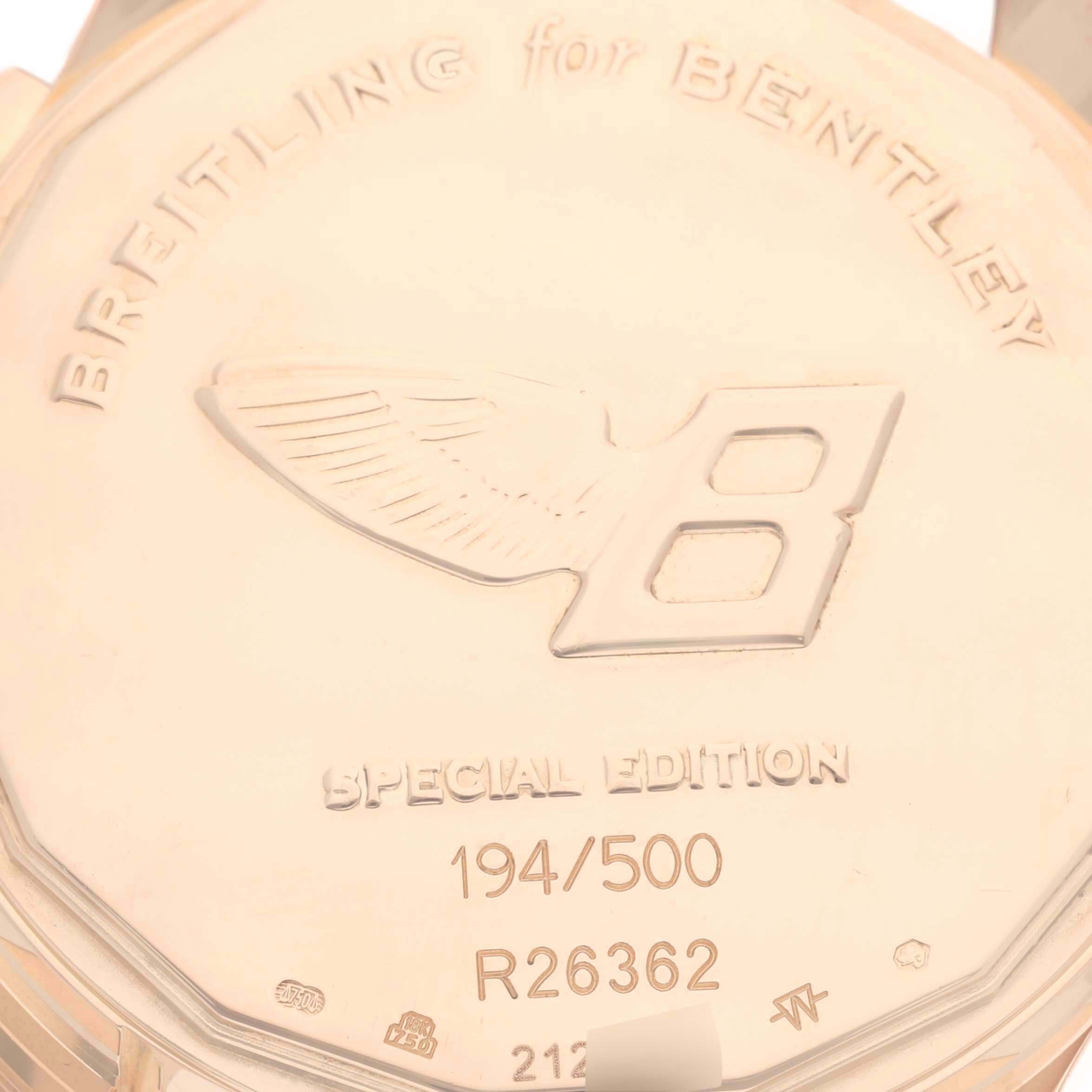 This image shows the engraved back of a Breitling Bentley R2636212/Q541 Men
s Rose Gold Brown Dial R2636212/Q541 Men
s Rose Gold Brown Dial watch, highlighting the "Special Edition" text and serial number.