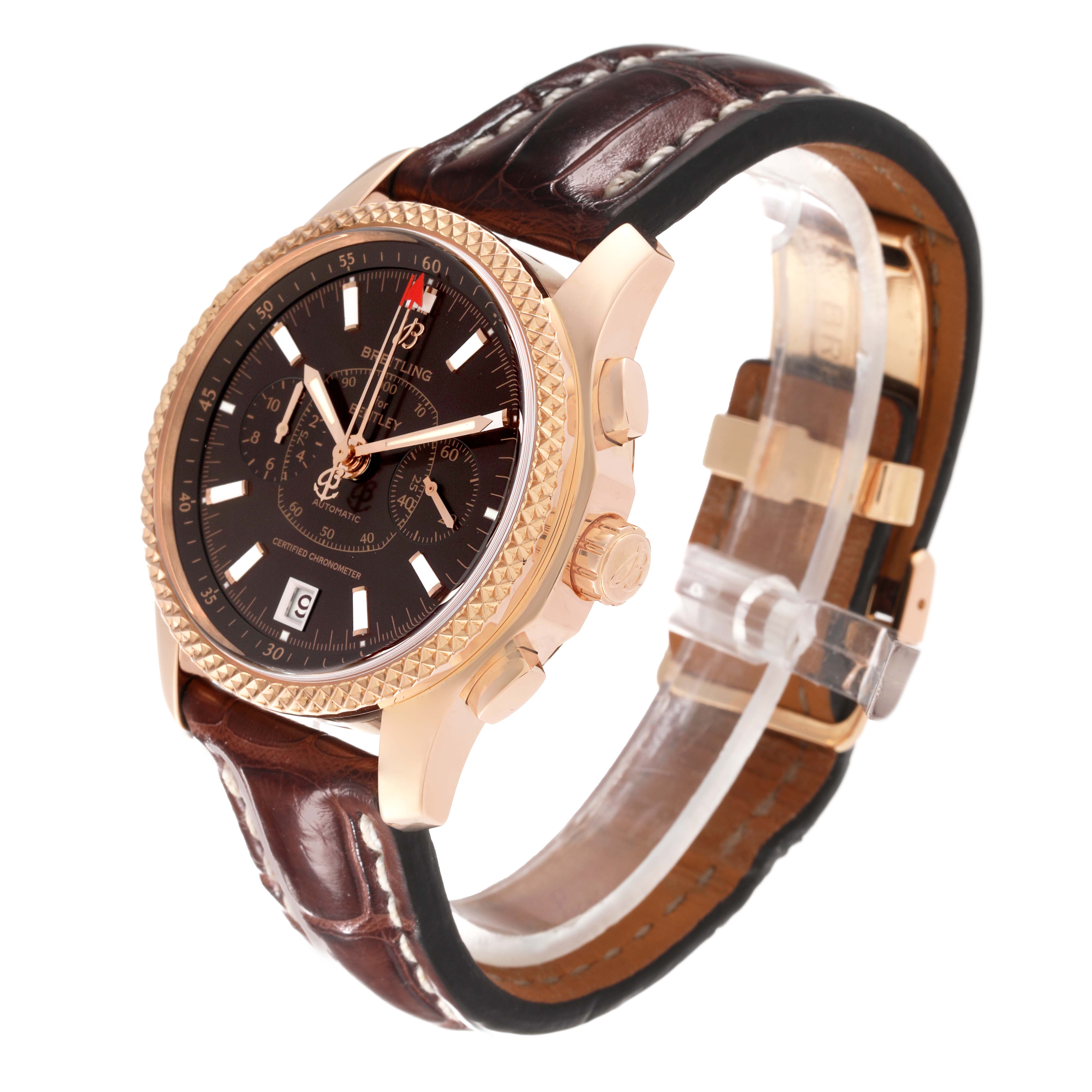 This image shows a Breitling Bentley R2636212/Q541 Men
s Rose Gold Brown Dial R2636212/Q541 Men
s Rose Gold Brown Dial watch at an angle, highlighting the face, crown, bezel, and brown leather strap.