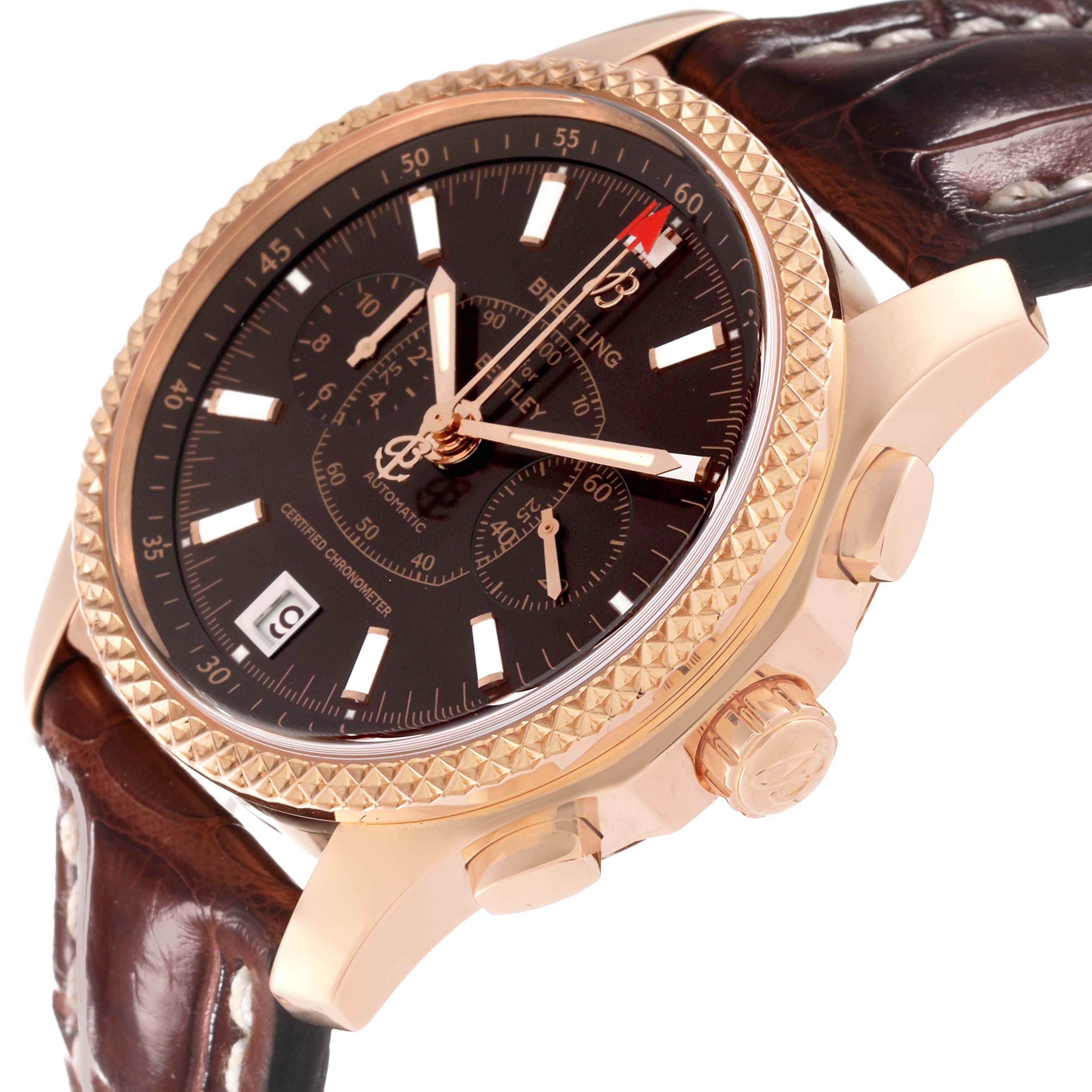The image shows a Bentley model by Breitling from an angled side view, highlighting the face, bezel, crown, and strap.