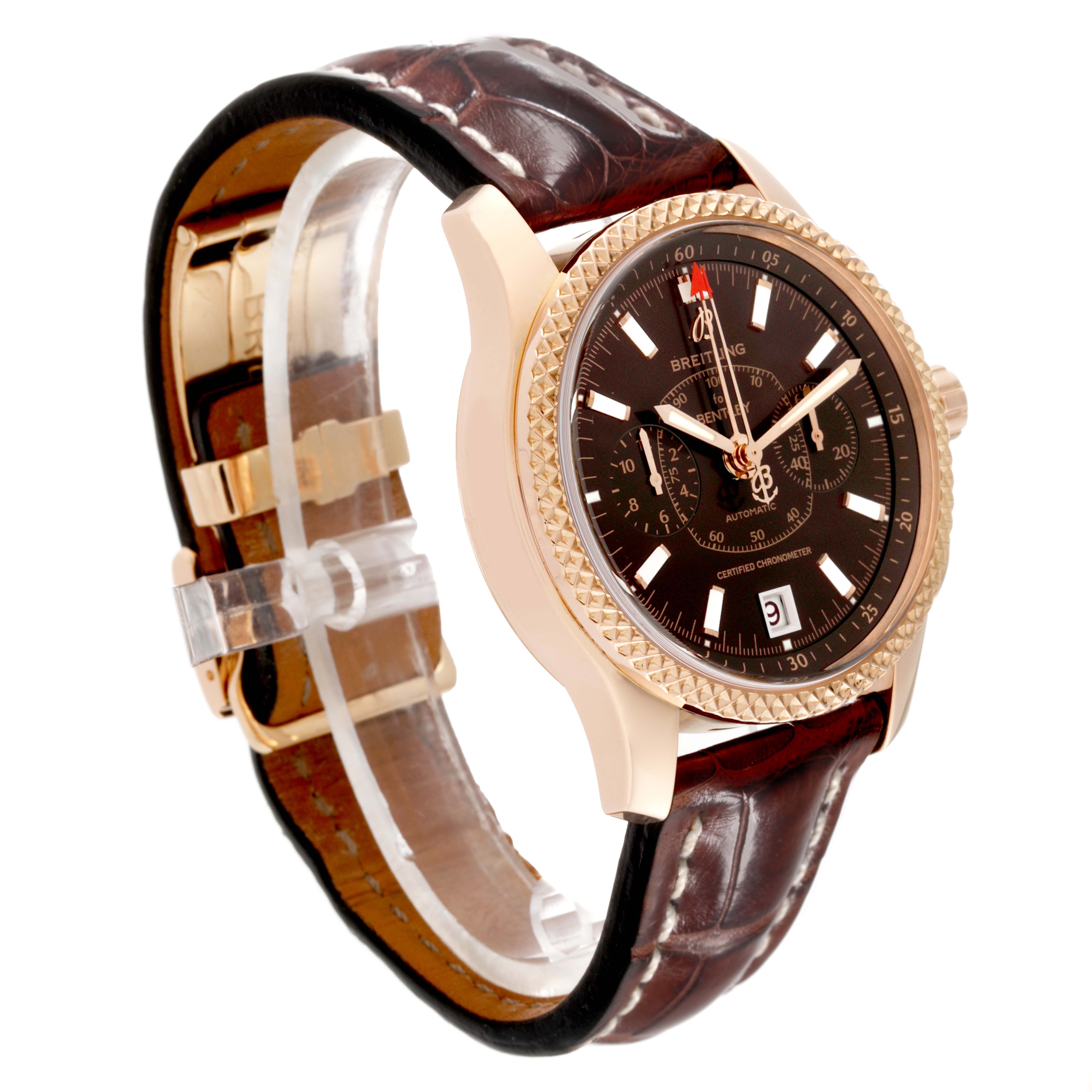 This image shows a Breitling Bentley R2636212/Q541 Men
s Rose Gold Brown Dial R2636212/Q541 Men
s Rose Gold Brown Dial model watch at an angled side view, highlighting the face, bezel, and brown leather strap.