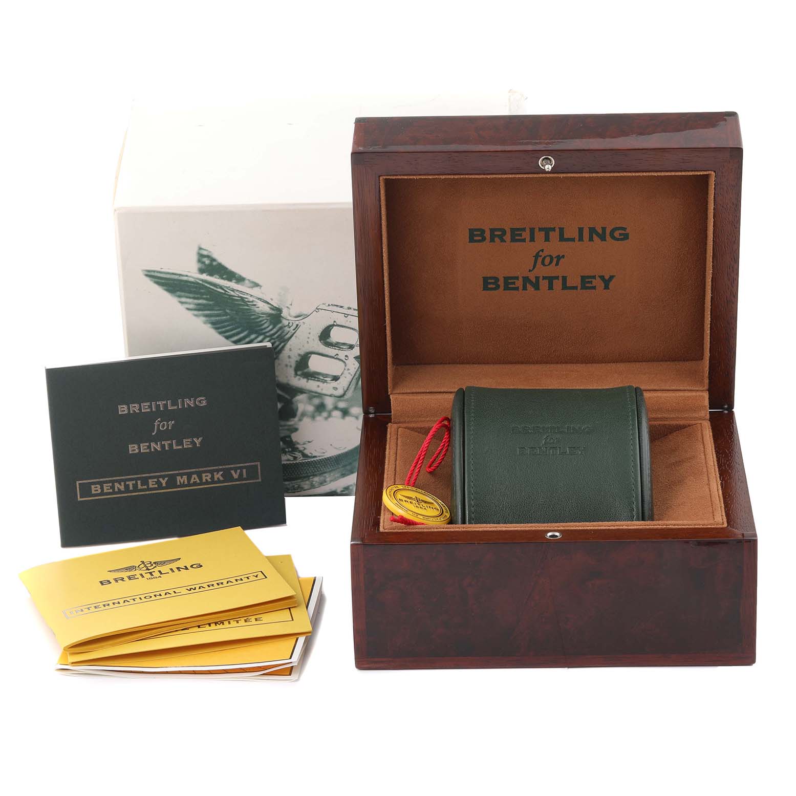 The image shows a Breitling Bentley R2636212/Q541 Men
s Rose Gold Brown Dial R2636212/Q541 Men
s Rose Gold Brown Dial watch box and accessories, including manuals, warranty papers, and a leather watch case.