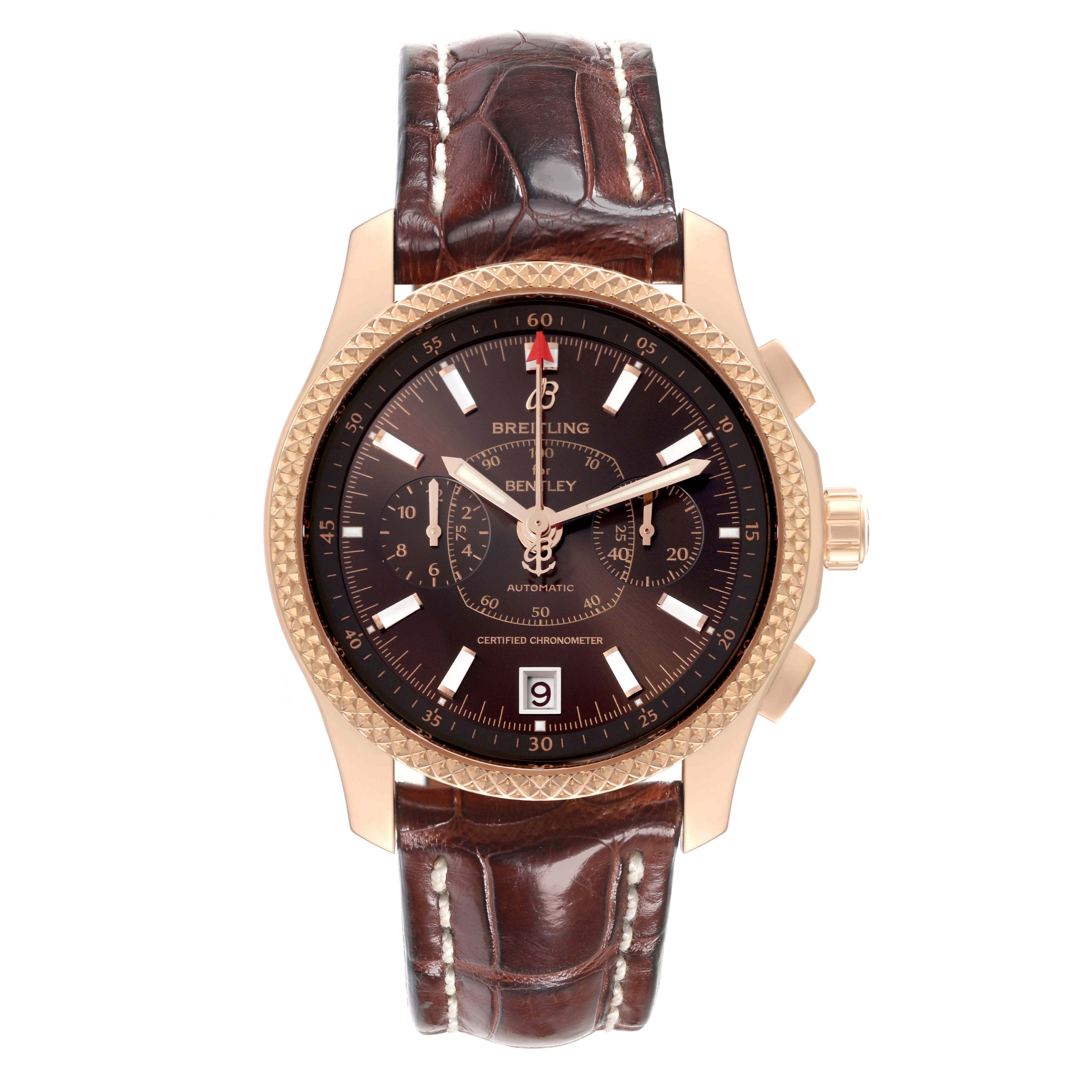 The image shows a front view of the Breitling Bentley R2636212/Q541 Men
s Rose Gold Brown Dial R2636212/Q541 Men
s Rose Gold Brown Dial model watch, highlighting the dial, bezel, and leather strap.