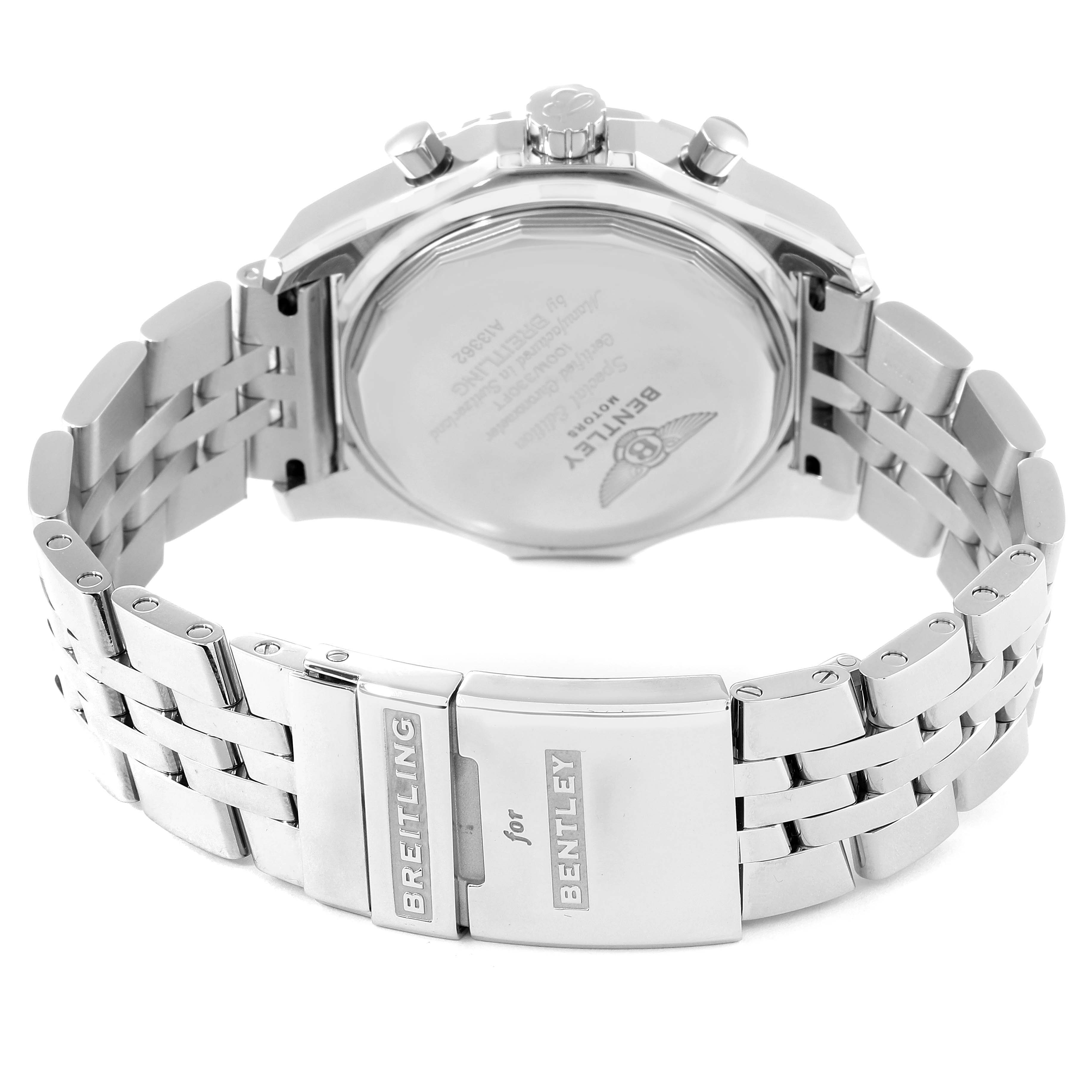 The image shows the back of the Breitling Bentley A13362 Men's Stainless Steel Mother of Pearl Dial A13362 Men's Stainless Steel Mother of Pearl Dial watch, highlighting the bracelet and clasp.