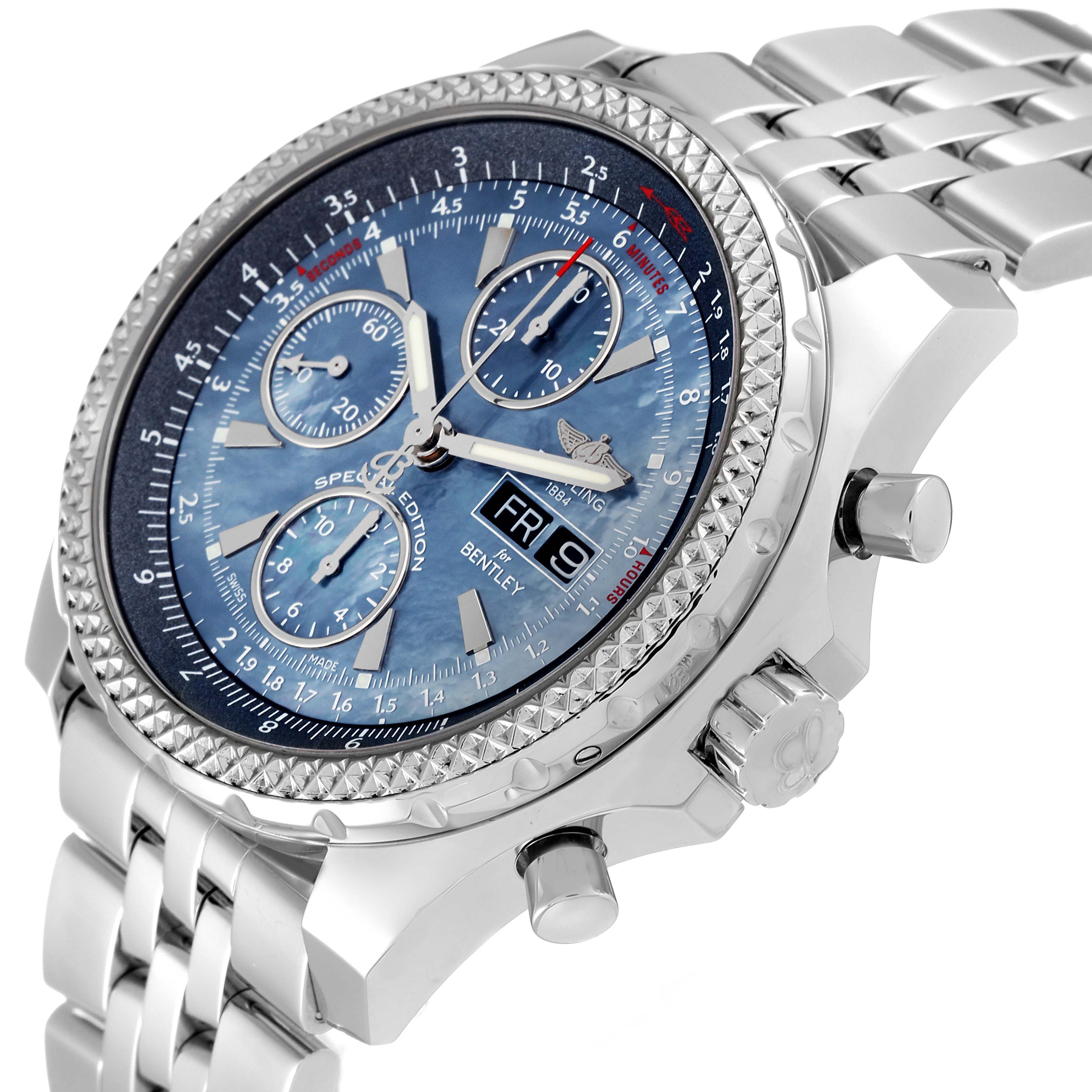 The image shows a close-up angle of the face and metal bracelet of the Breitling Bentley A13362 Men's Stainless Steel Mother of Pearl Dial A13362 Men's Stainless Steel Mother of Pearl Dial watch.