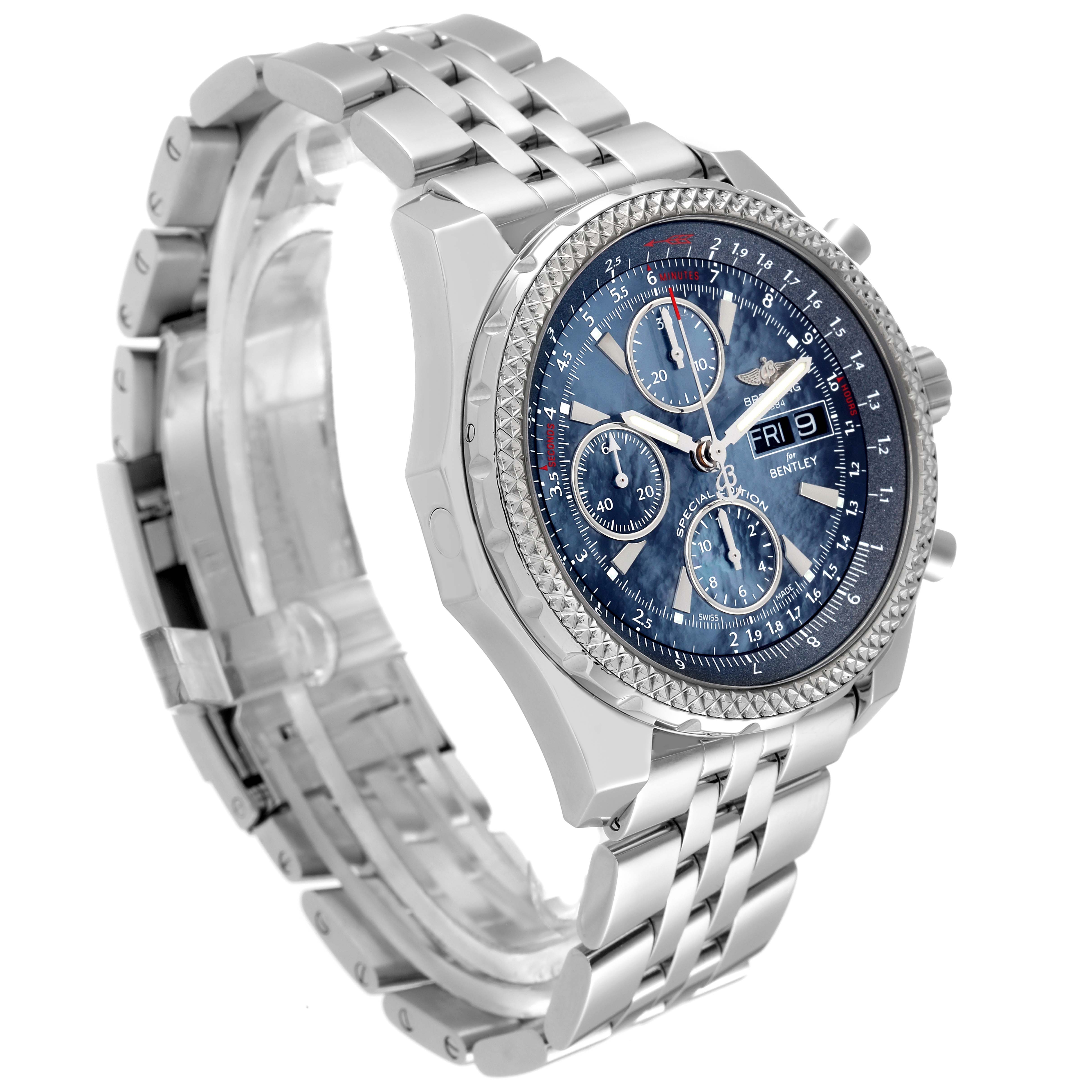 The image shows a Breitling Bentley A13362 Men's Stainless Steel Mother of Pearl Dial A13362 Men's Stainless Steel Mother of Pearl Dial watch at an angle, highlighting its face, bezel, and part of its metal bracelet.