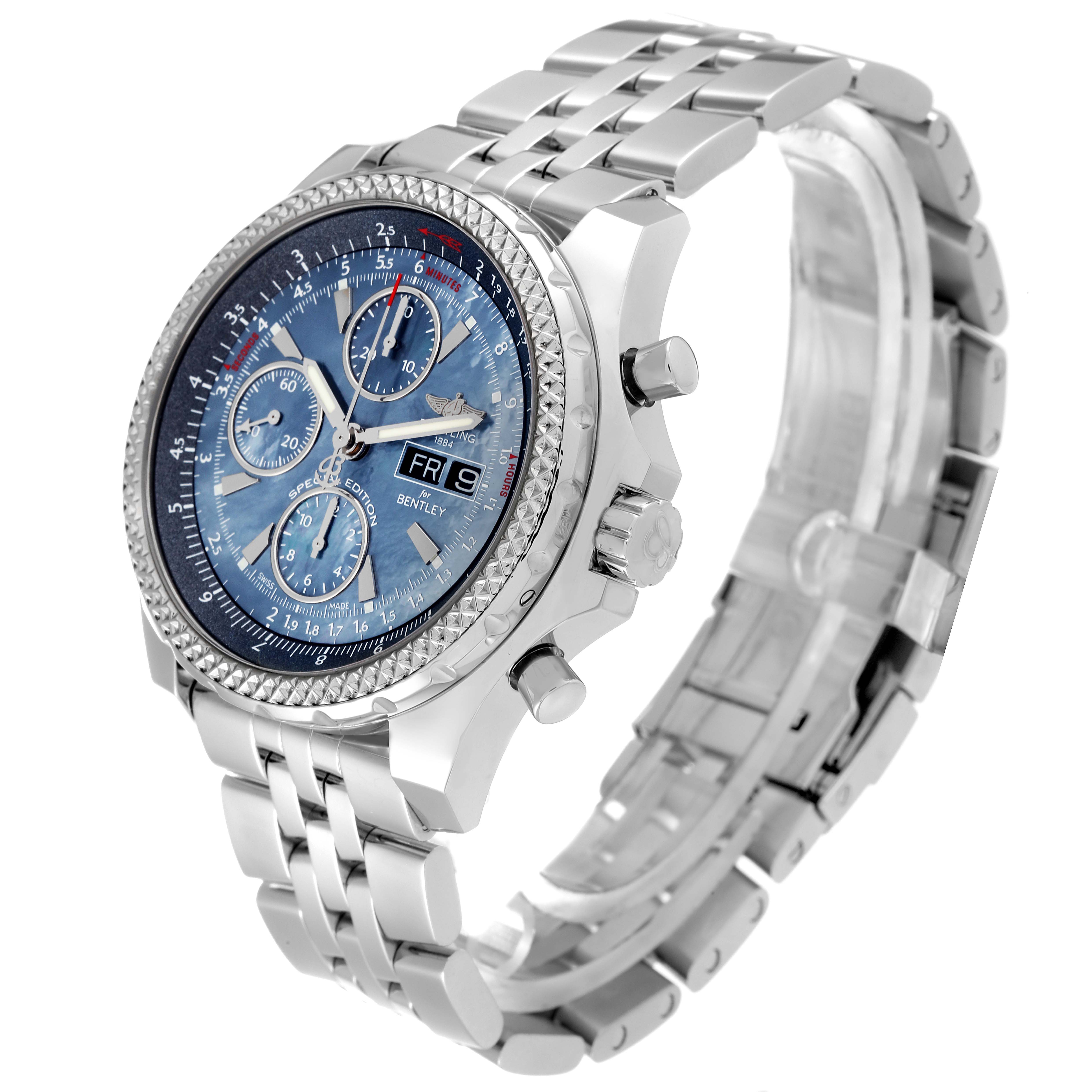 The image shows a Breitling Bentley A13362 Men's Stainless Steel Mother of Pearl Dial A13362 Men's Stainless Steel Mother of Pearl Dial watch at a three-quarter angle, highlighting its face, bezel, side buttons, and metal band.