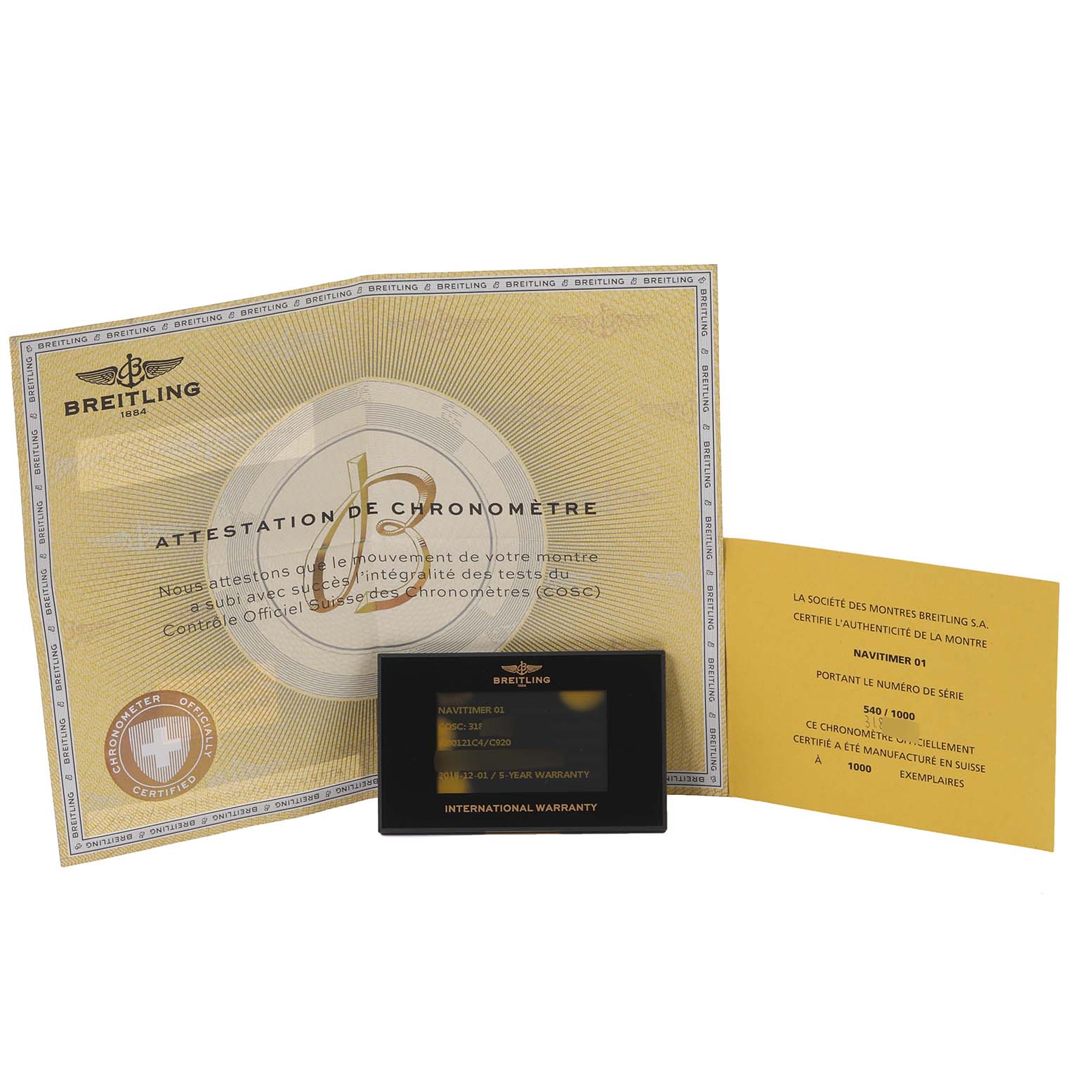 The image shows the warranty card and certificates for the Breitling Navitimer AB0121C4/C920 Men
s Stainless Steel Blue Dial AB0121C4/C920 Men
s Stainless Steel Blue Dial 01 Limited Series model.