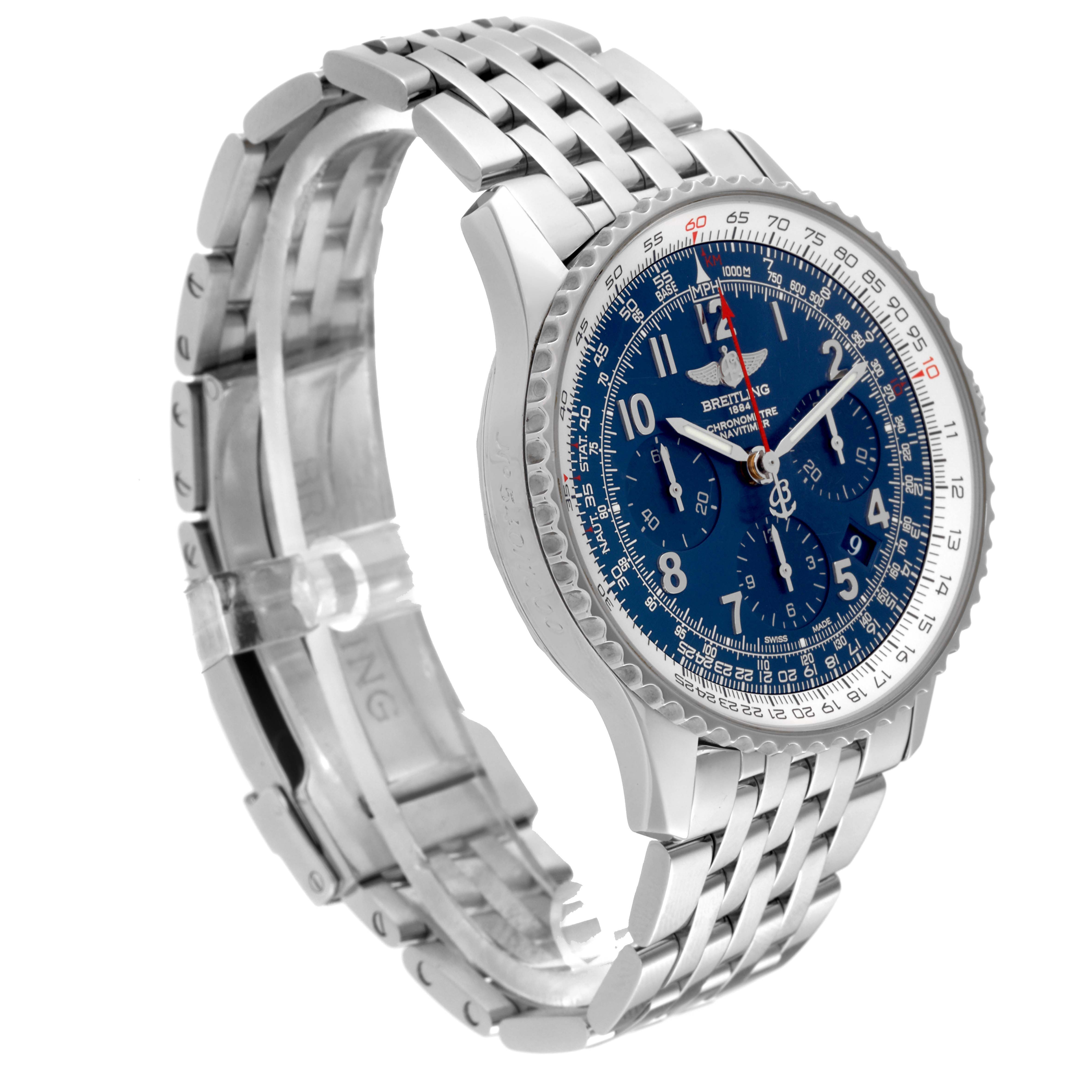 The image shows a Breitling Limited Series watch at a three-quarter angle, highlighting its blue dial, stainless steel case, and bracelet.