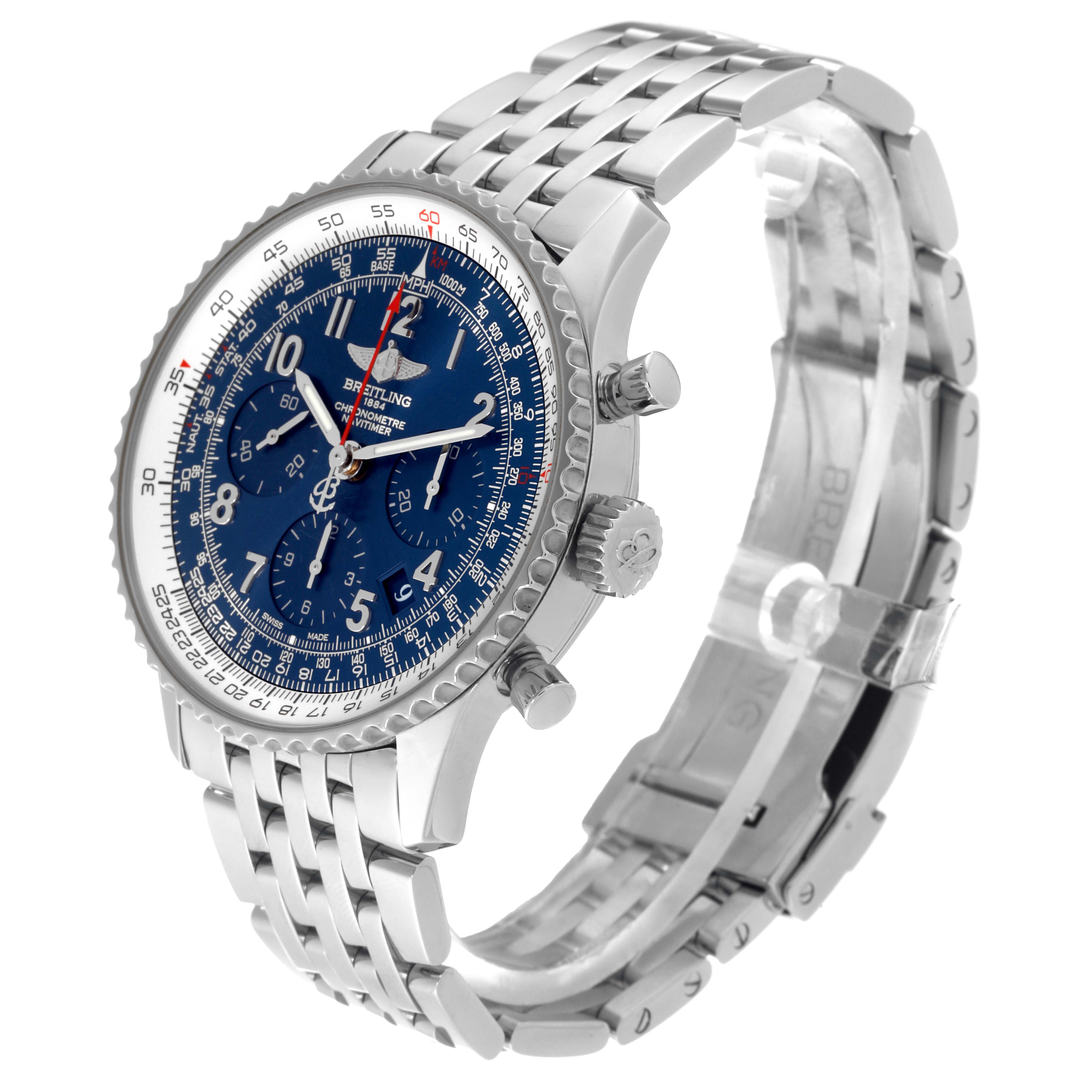 This image shows a Breitling Limited Series watch at an angled side view, highlighting its blue dial, bezel, crown, pushers, and metal bracelet.