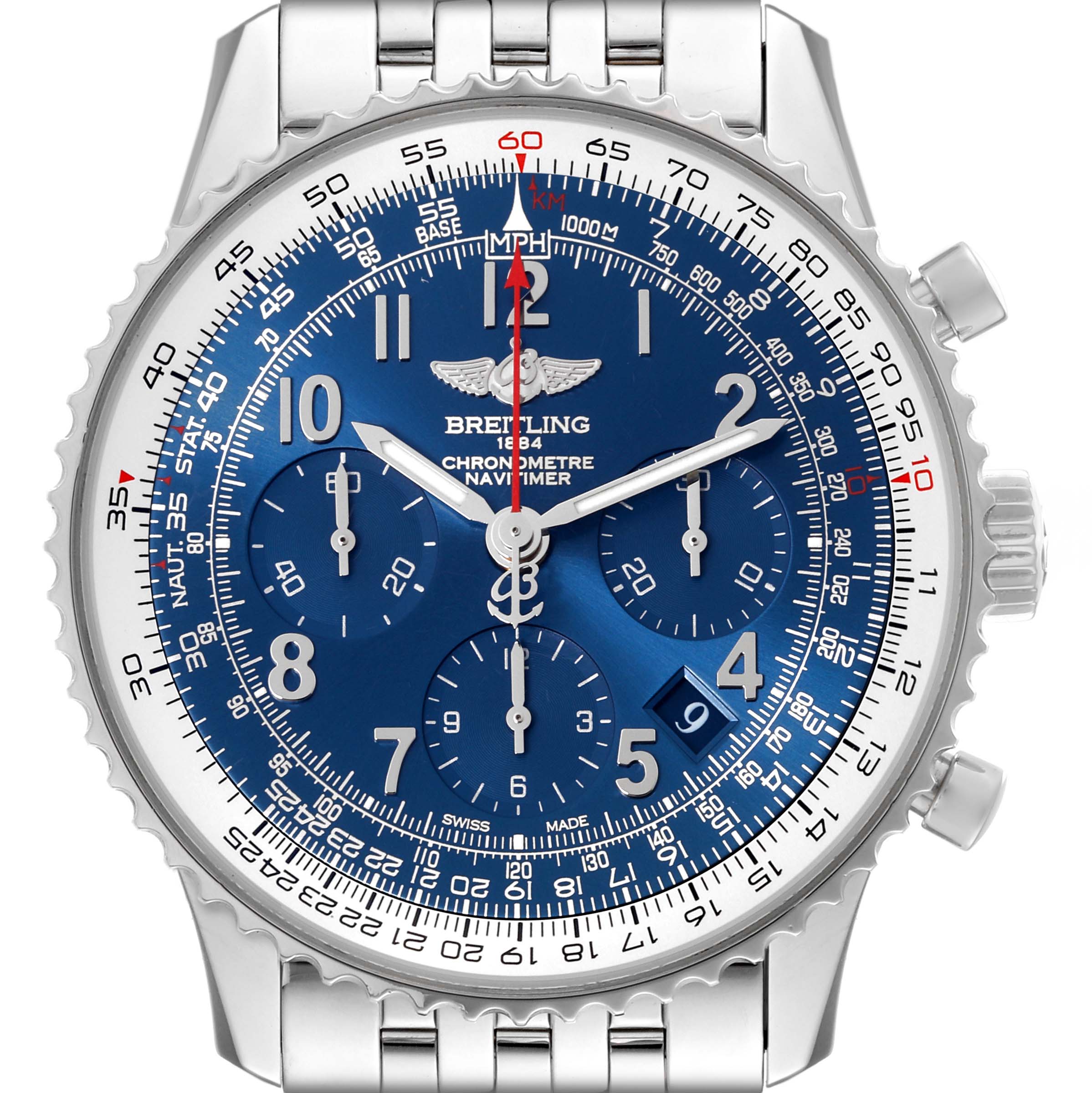 This image shows the Breitling Limited Series Navitimer chronograph from a front angle, displaying the dial, bezel, and part of the bracelet.