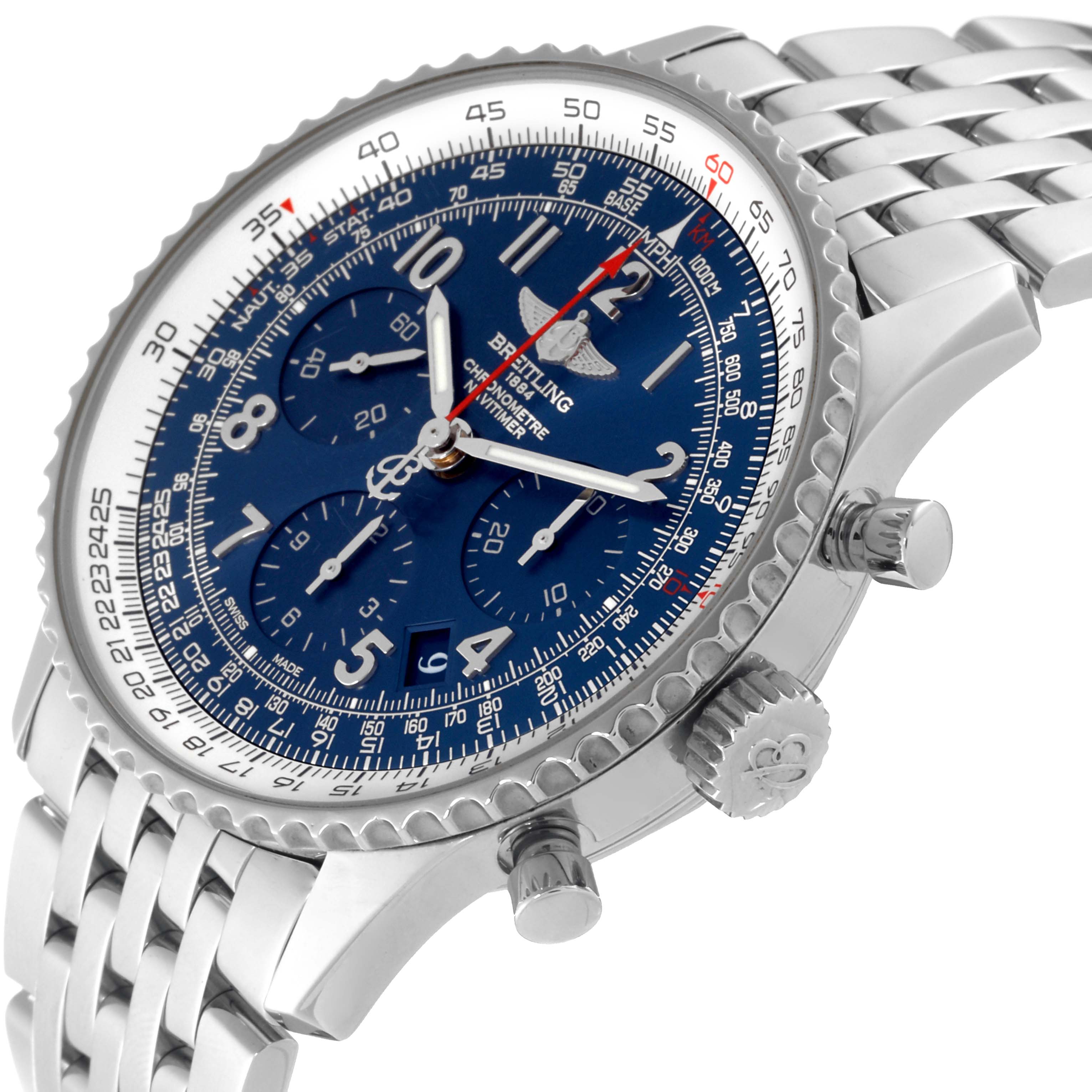 This image shows a side angle of the Breitling Limited Series watch, featuring the dial, bezel, chronograph pushers, and part of the bracelet.