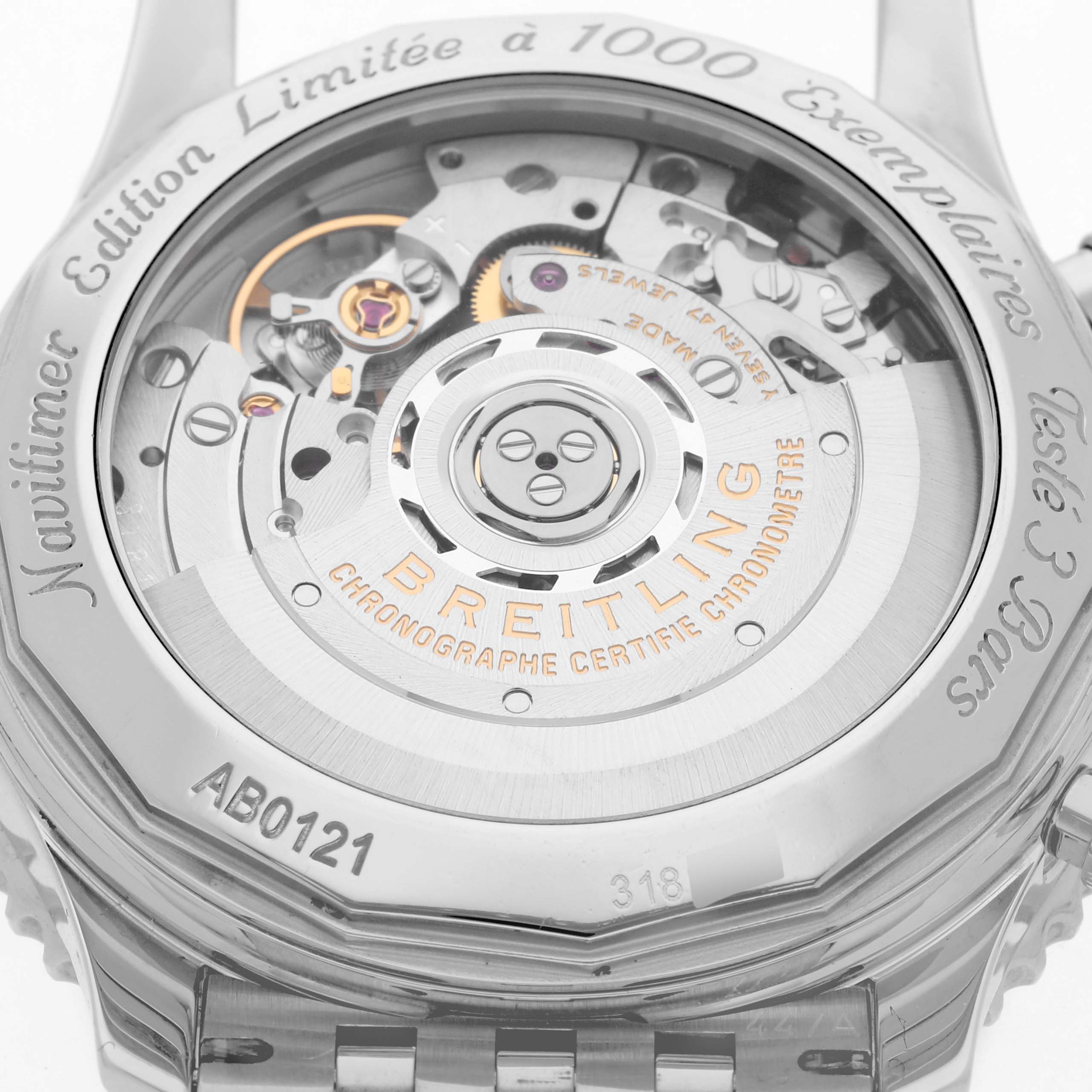 This image shows the back of a Limited Series Breitling Navitimer AB0121C4/C920 Men
s Stainless Steel Blue Dial AB0121C4/C920 Men
s Stainless Steel Blue Dial watch, highlighting its internal mechanics and engravings.