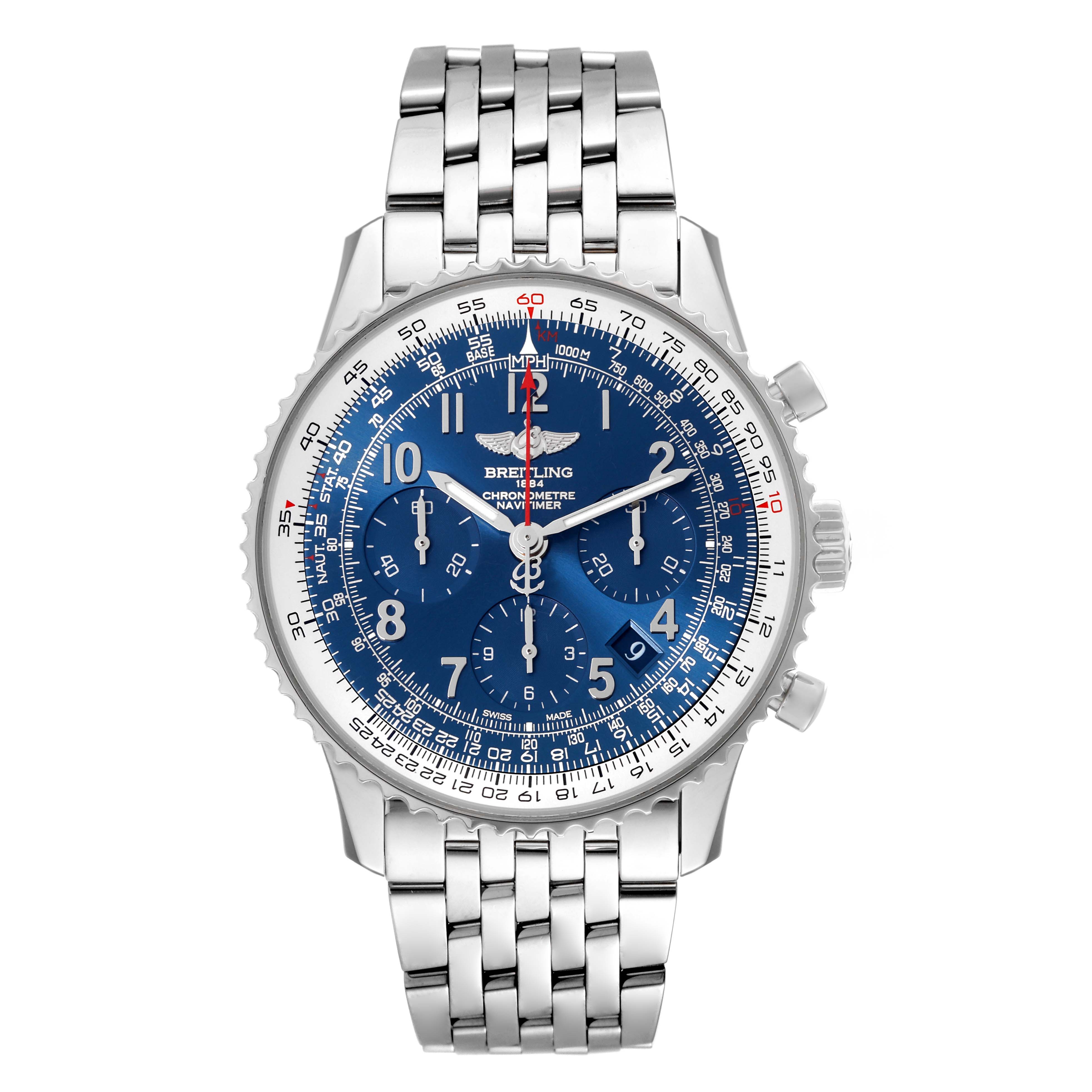 This image shows a Breitling Navitimer AB0121C4/C920 Men
s Stainless Steel Blue Dial AB0121C4/C920 Men
s Stainless Steel Blue Dial Limited Series model watch from a front angle, displaying its blue dial and stainless steel bracelet.