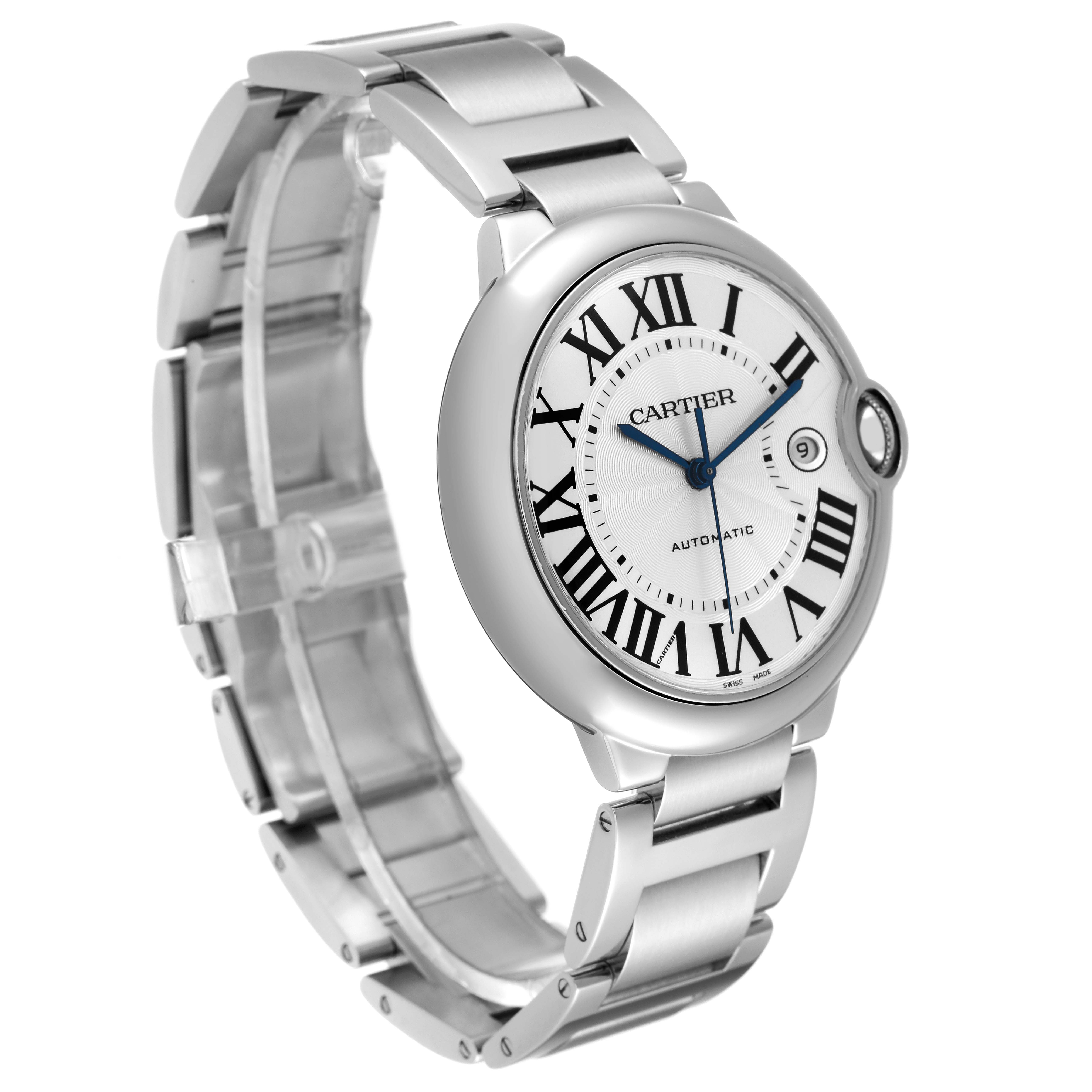 The image shows a side angle of the Ballon Bleu by Cartier watch, highlighting the face, bracelet, and crown.
