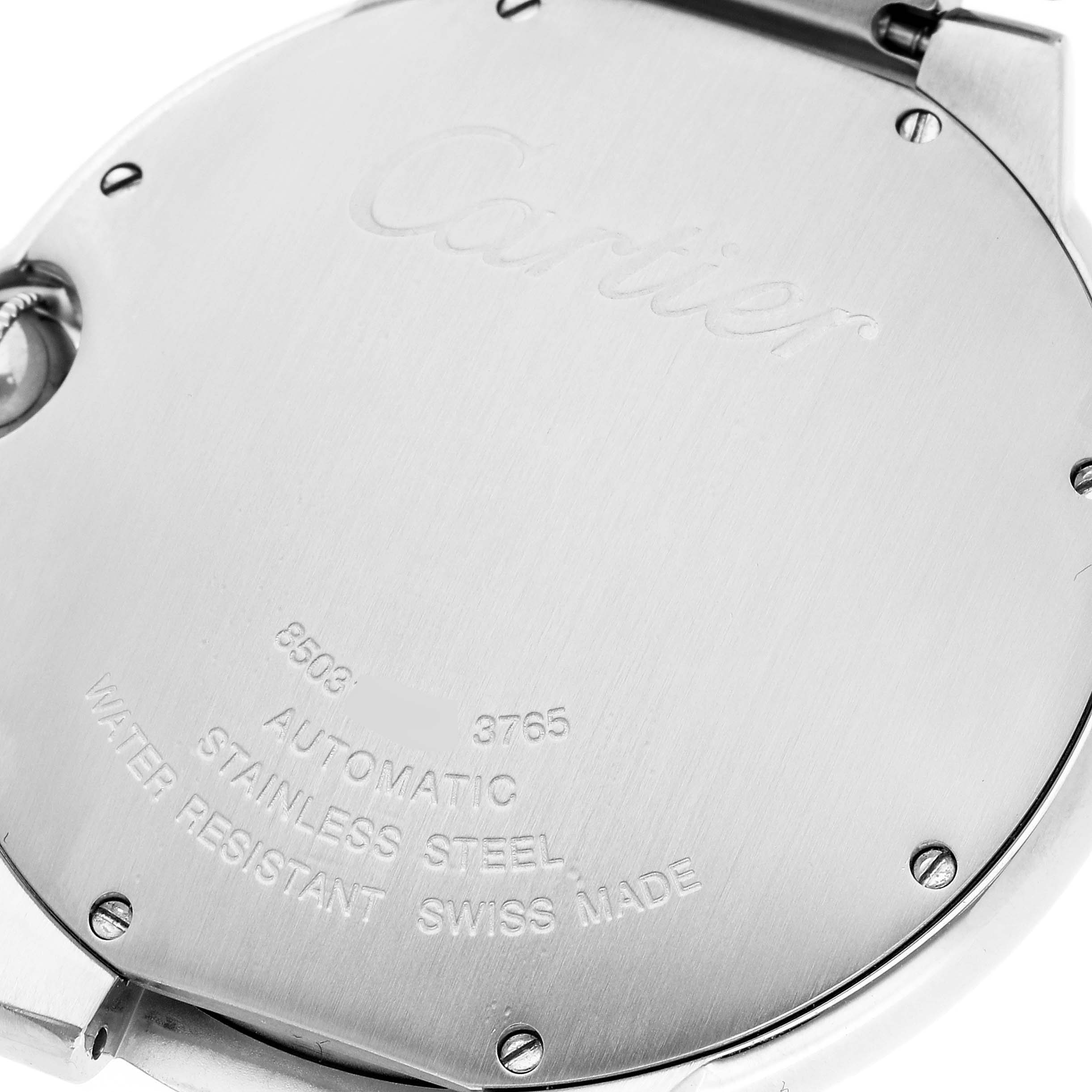 The image shows the back case of a Cartier Ballon Bleu W69012Z4 Men's Stainless Steel Silver Dial W69012Z4 Men's Stainless Steel Silver Dial watch, displaying its engravings and screws.