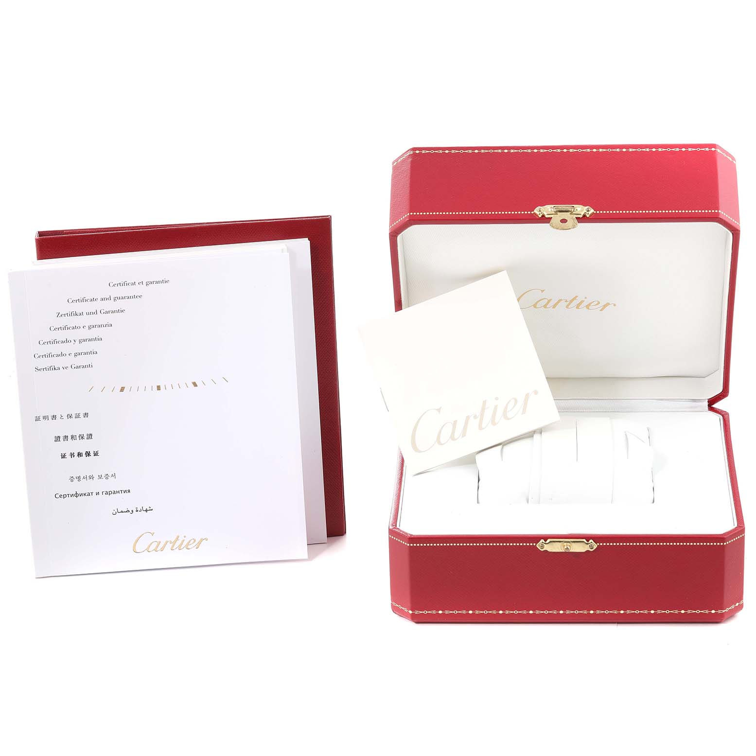 This image shows the packaging and documentation for the Cartier Ballon Bleu W69012Z4 Men's Stainless Steel Silver Dial W69012Z4 Men's Stainless Steel Silver Dial watch, including a red presentation box and paperwork.