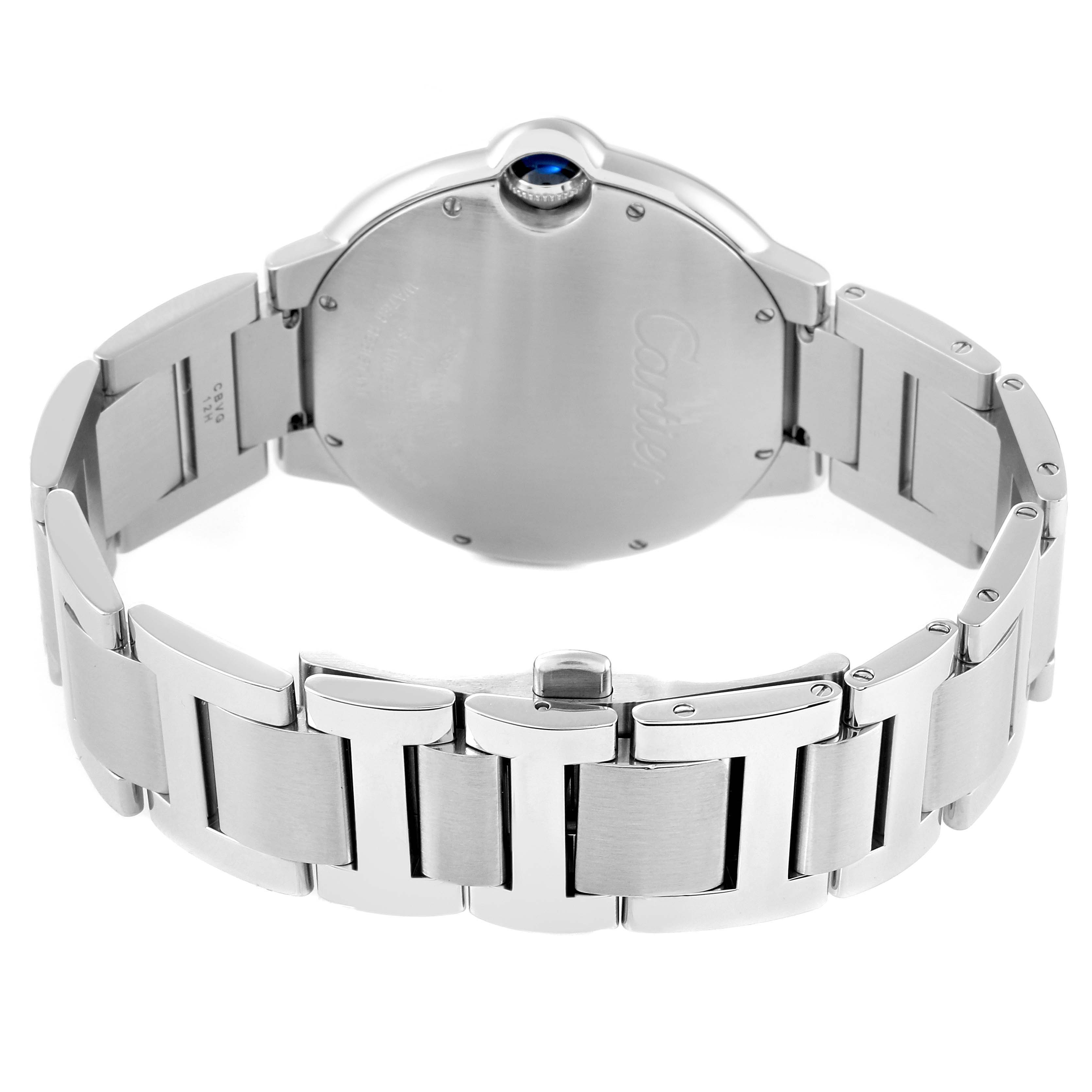 This image shows the back of the Cartier Ballon Bleu W69012Z4 Men's Stainless Steel Silver Dial W69012Z4 Men's Stainless Steel Silver Dial watch, highlighting its stainless steel bracelet and clasp.