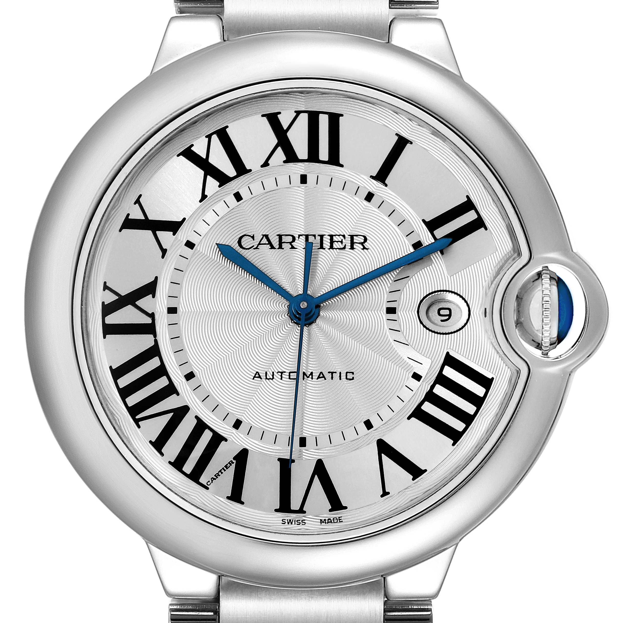 This image shows the face and bezel of a Cartier Ballon Bleu W69012Z4 Men's Stainless Steel Silver Dial W69012Z4 Men's Stainless Steel Silver Dial watch, highlighting its Roman numerals and blue hands.