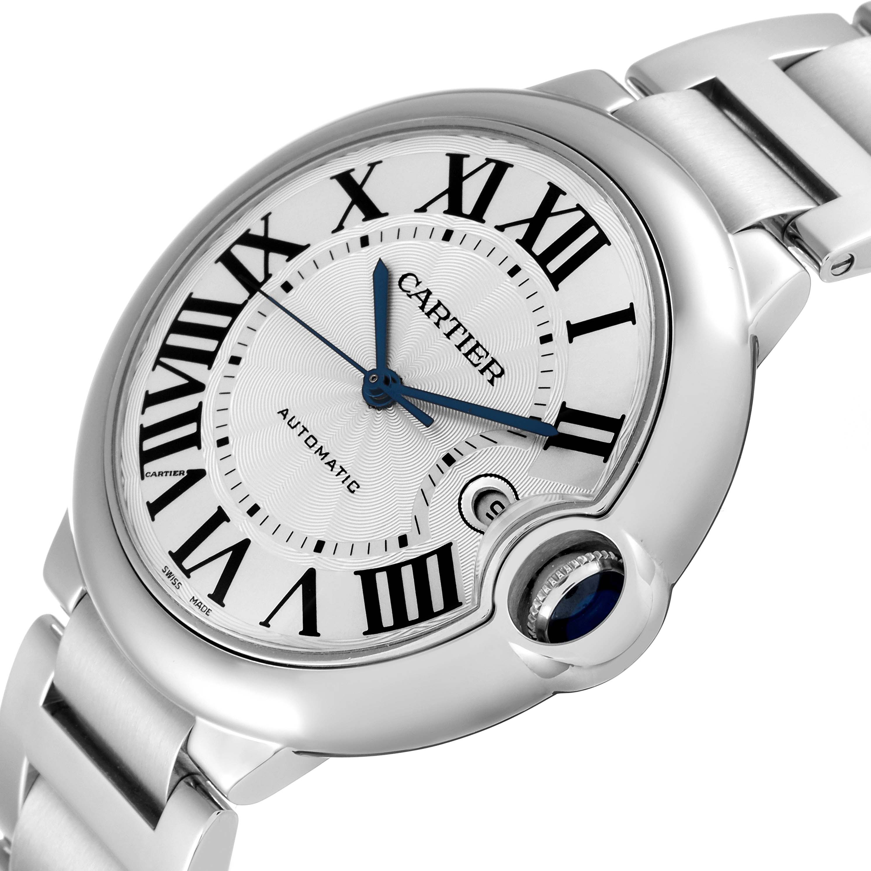 The image shows a close-up view of the dial, crown, and part of the bracelet of a Ballon Bleu de Cartier watch.