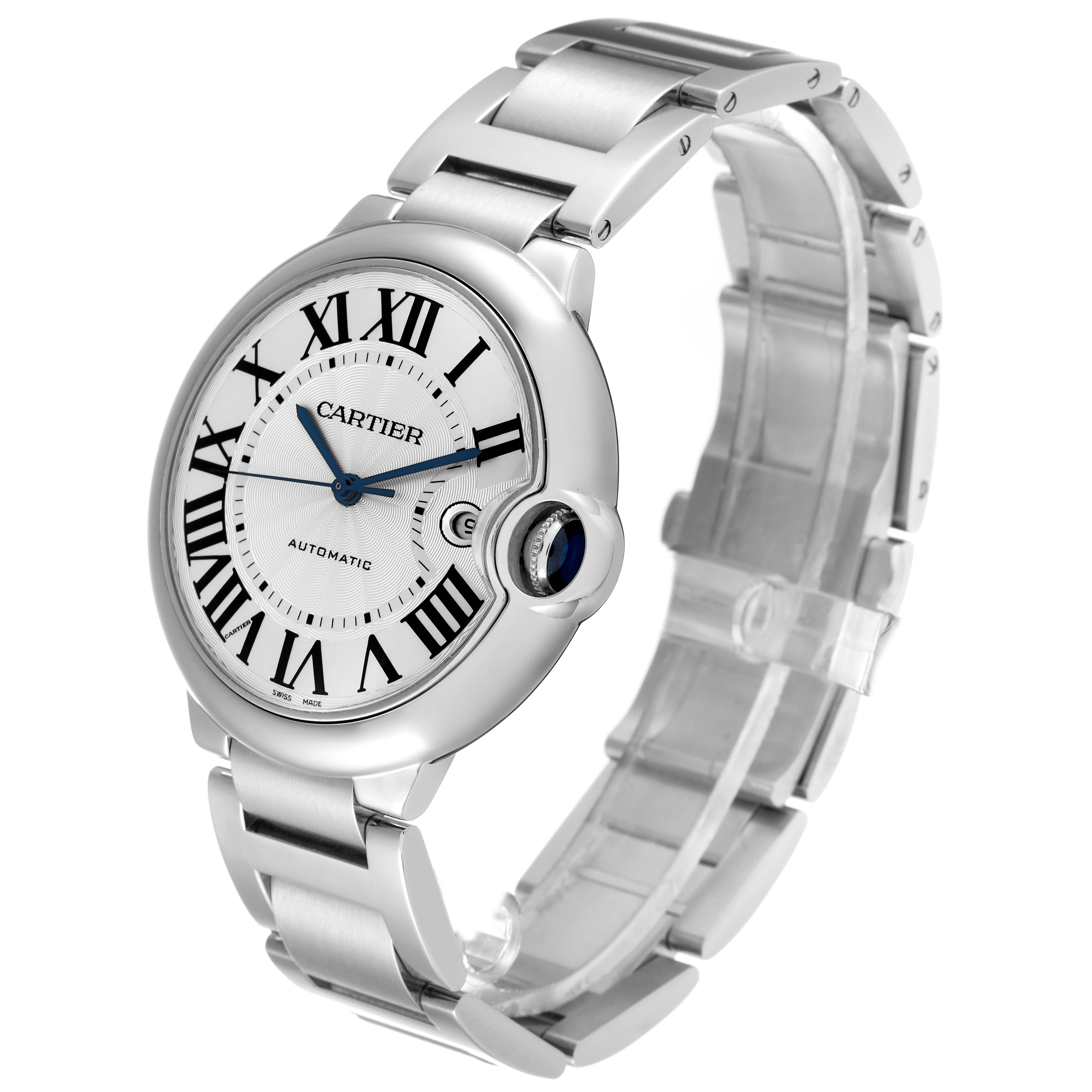 The image shows a side and front view of a Ballon Bleu de Cartier watch, highlighting its dial, crown, and metal bracelet.