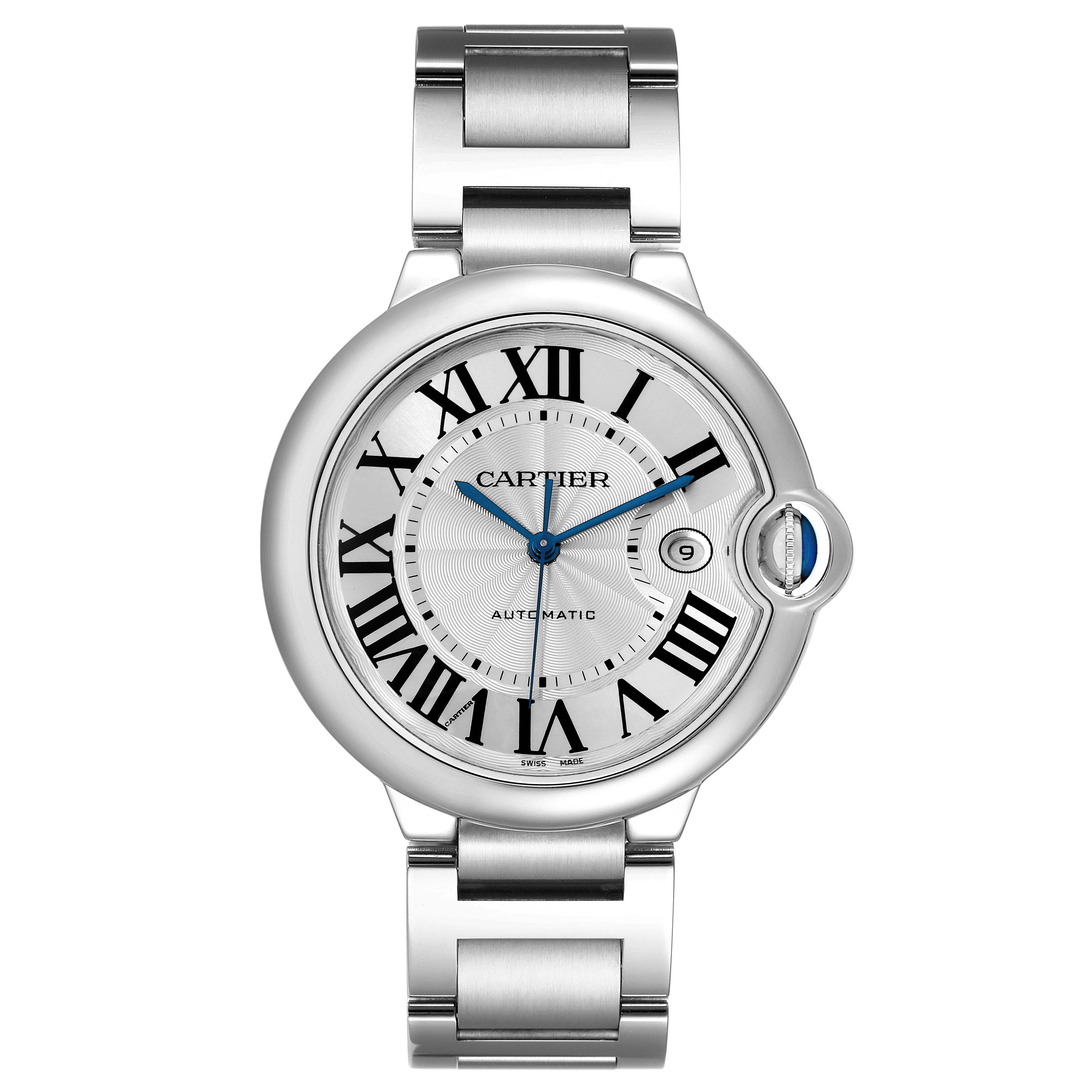 The image shows a front view of the Cartier Ballon Bleu W69012Z4 Men's Stainless Steel Silver Dial W69012Z4 Men's Stainless Steel Silver Dial watch, highlighting its face, Roman numerals, and metal bracelet.