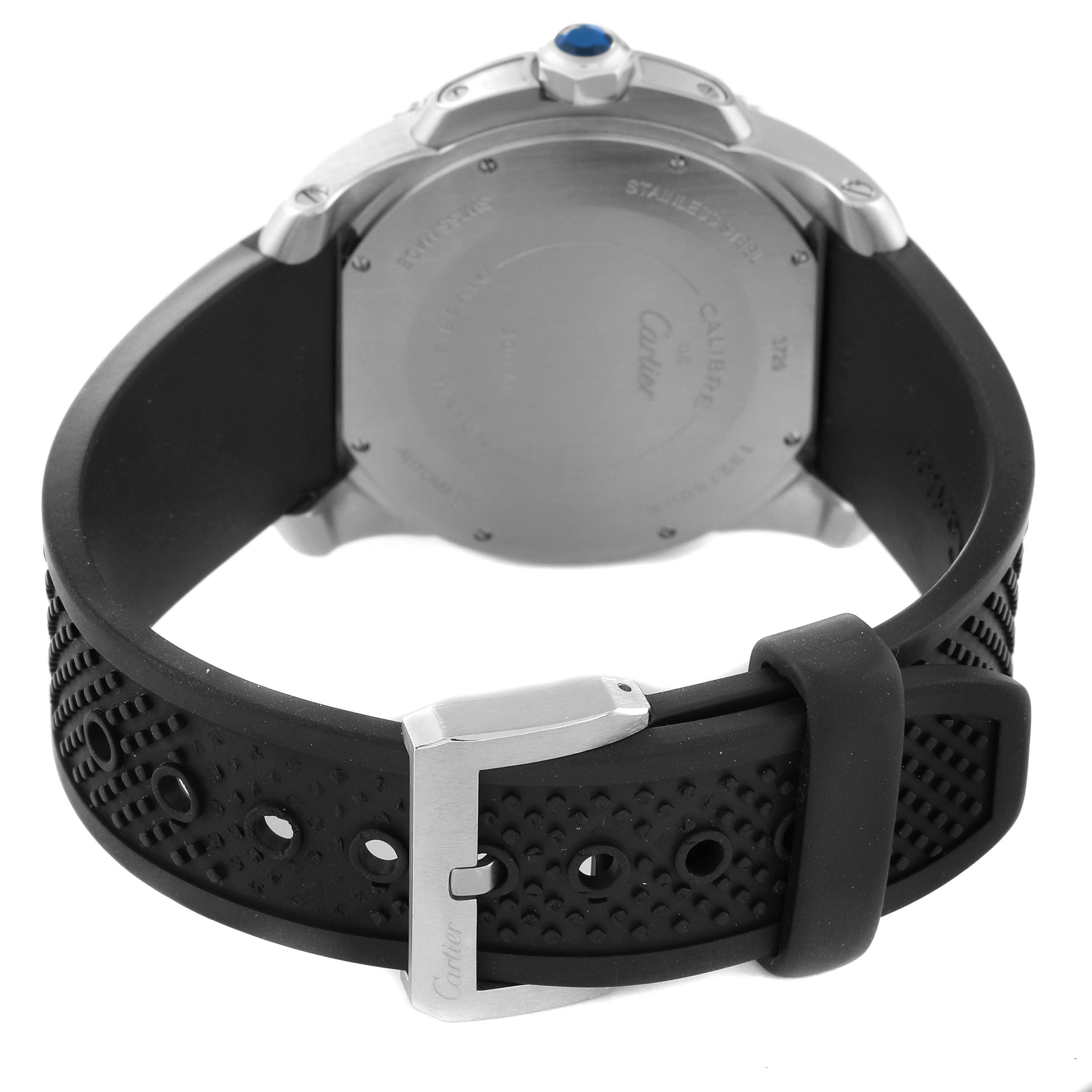 This Calibre de Cartier watch by Cartier is shown from a rear angle, highlighting the case back, strap, and clasp.