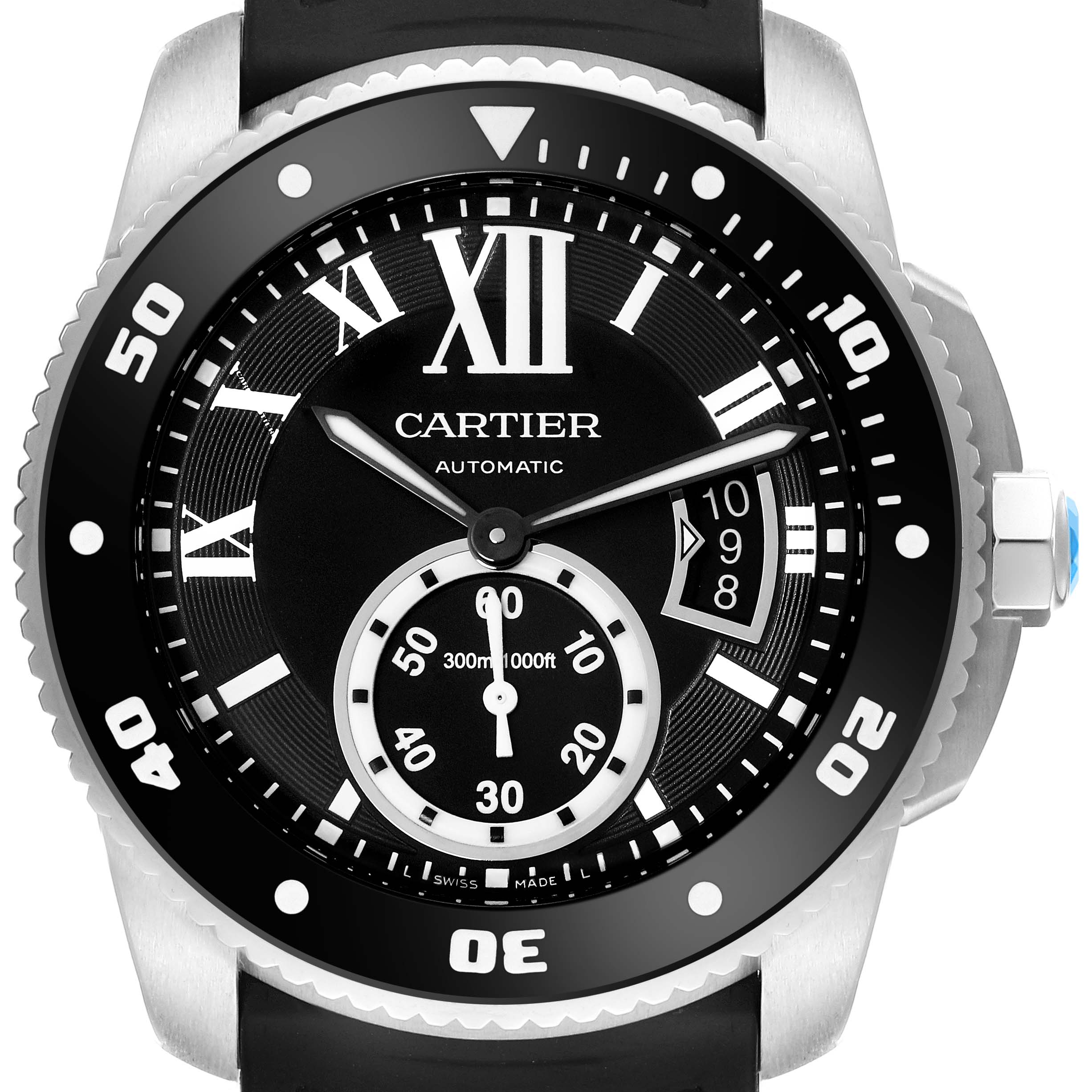 This image shows a front-facing view of the Calibre de Cartier model by Cartier, highlighting its dial, bezel, and strap.