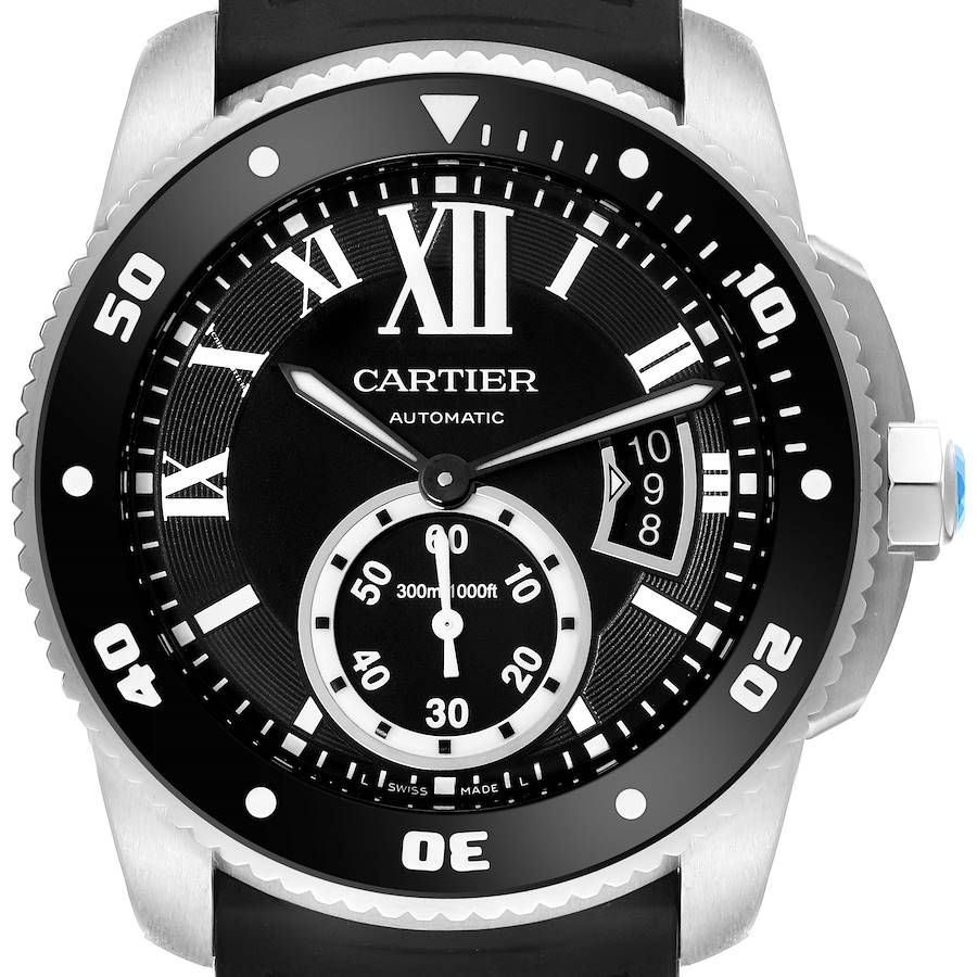 Cartier Calibre Diver Black Dial Steel Mens Watch W7100056 Box Papers SwissWatchExpo