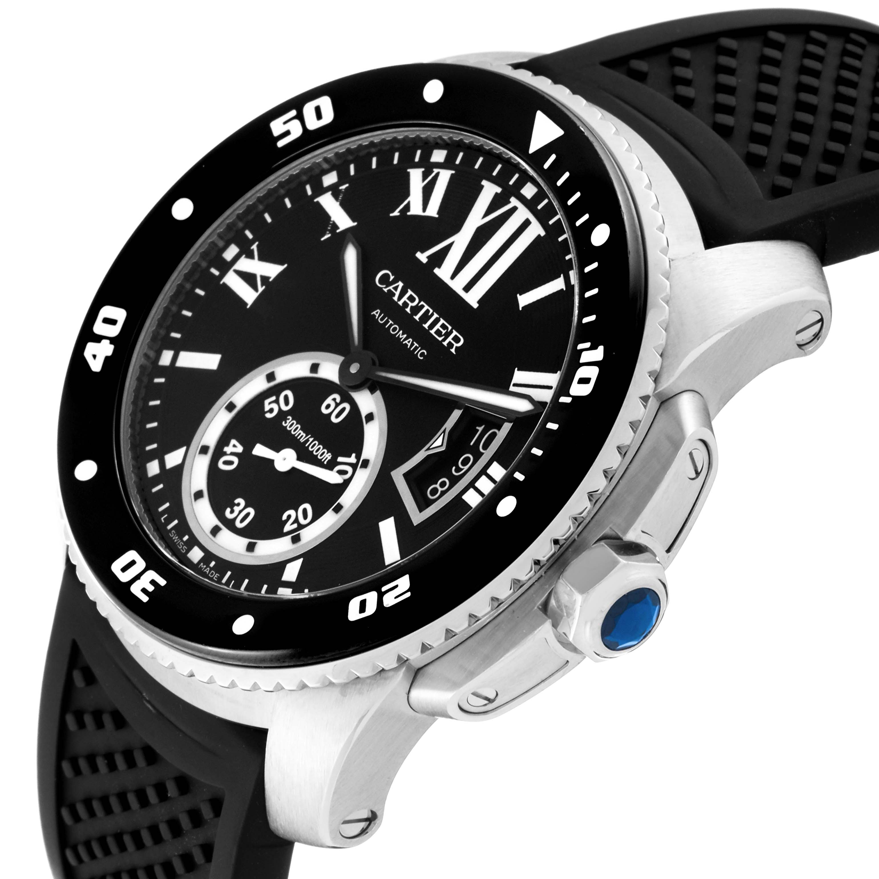 The watch shown is a Calibre de Cartier by Cartier, focusing on the bezel, dial, crown, and rubber strap at an angled perspective.