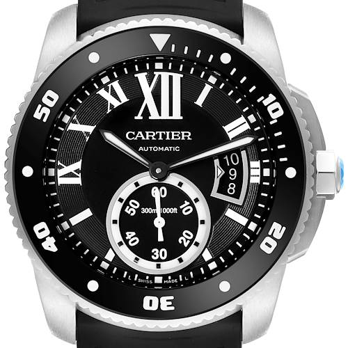 This image shows the front view of the Calibre de Cartier watch by Cartier, featuring the dial, bezel, and crown.