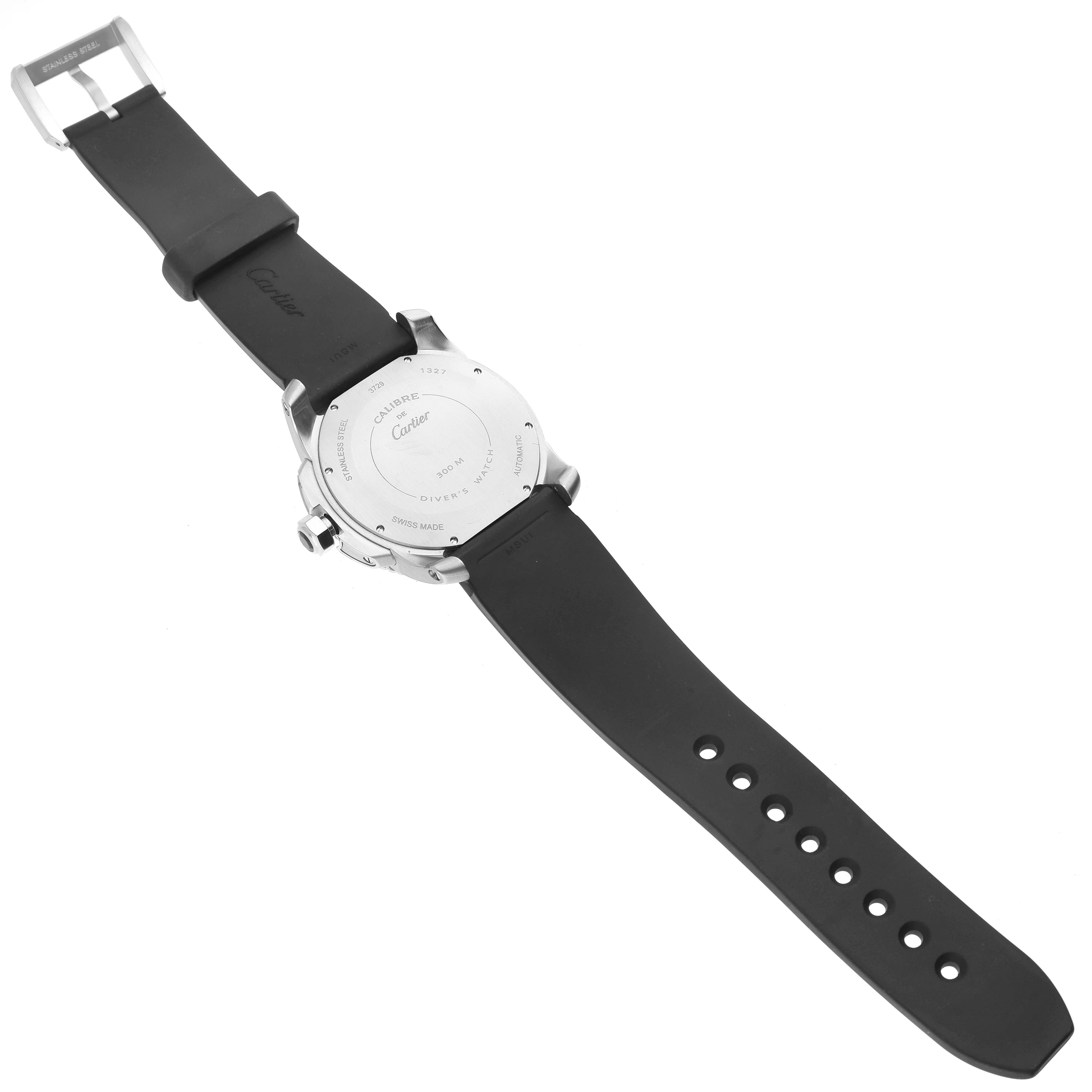 The image shows the back view of a Calibre de Cartier watch by Cartier featuring its strap, case back, and buckle.