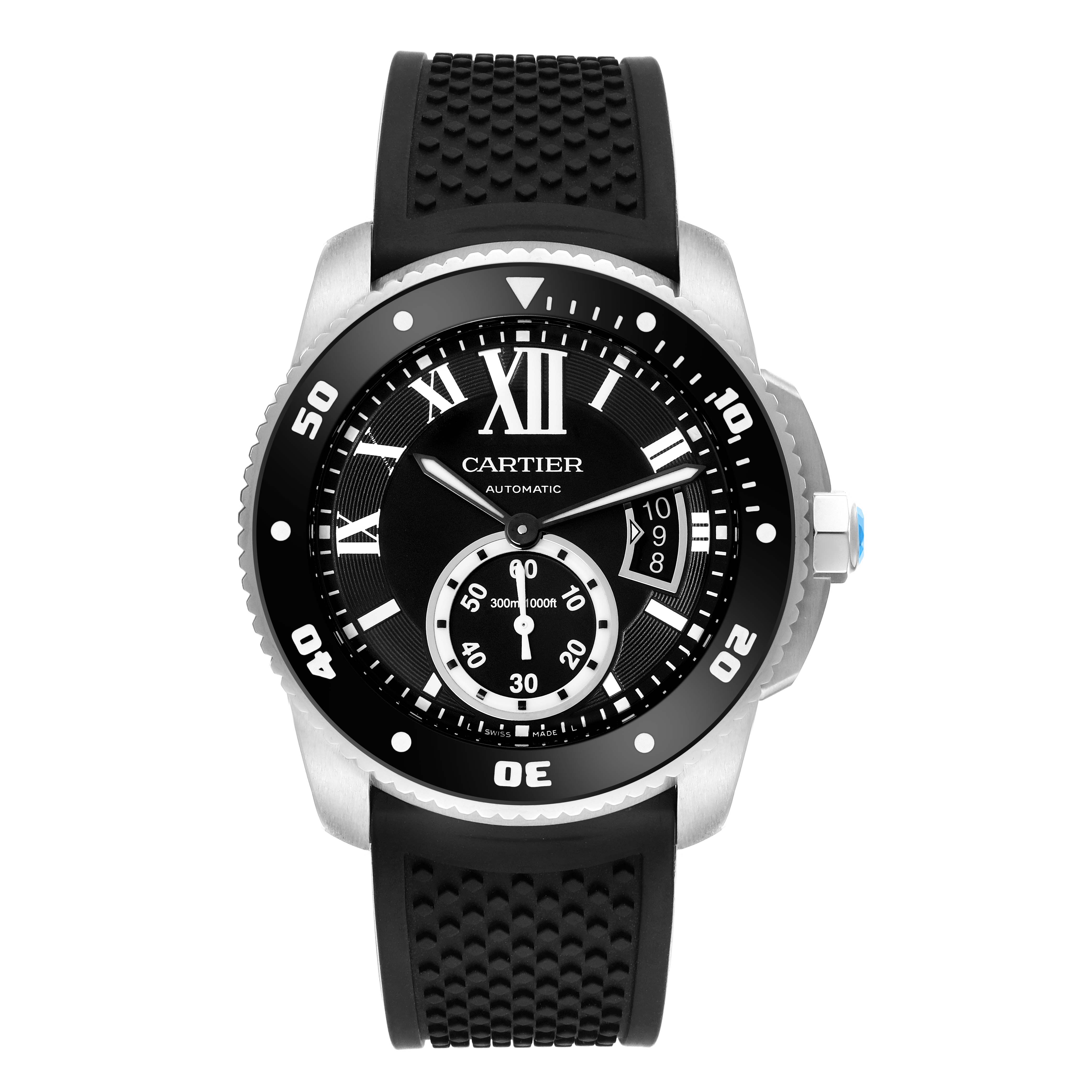 The image shows a frontal view of the Calibre de Cartier watch by Cartier, highlighting the dial, bezel, and strap.