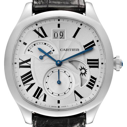 The Drive de Cartier watch by Cartier is shown from the front, highlighting its dial, hands, date display, and subdials.